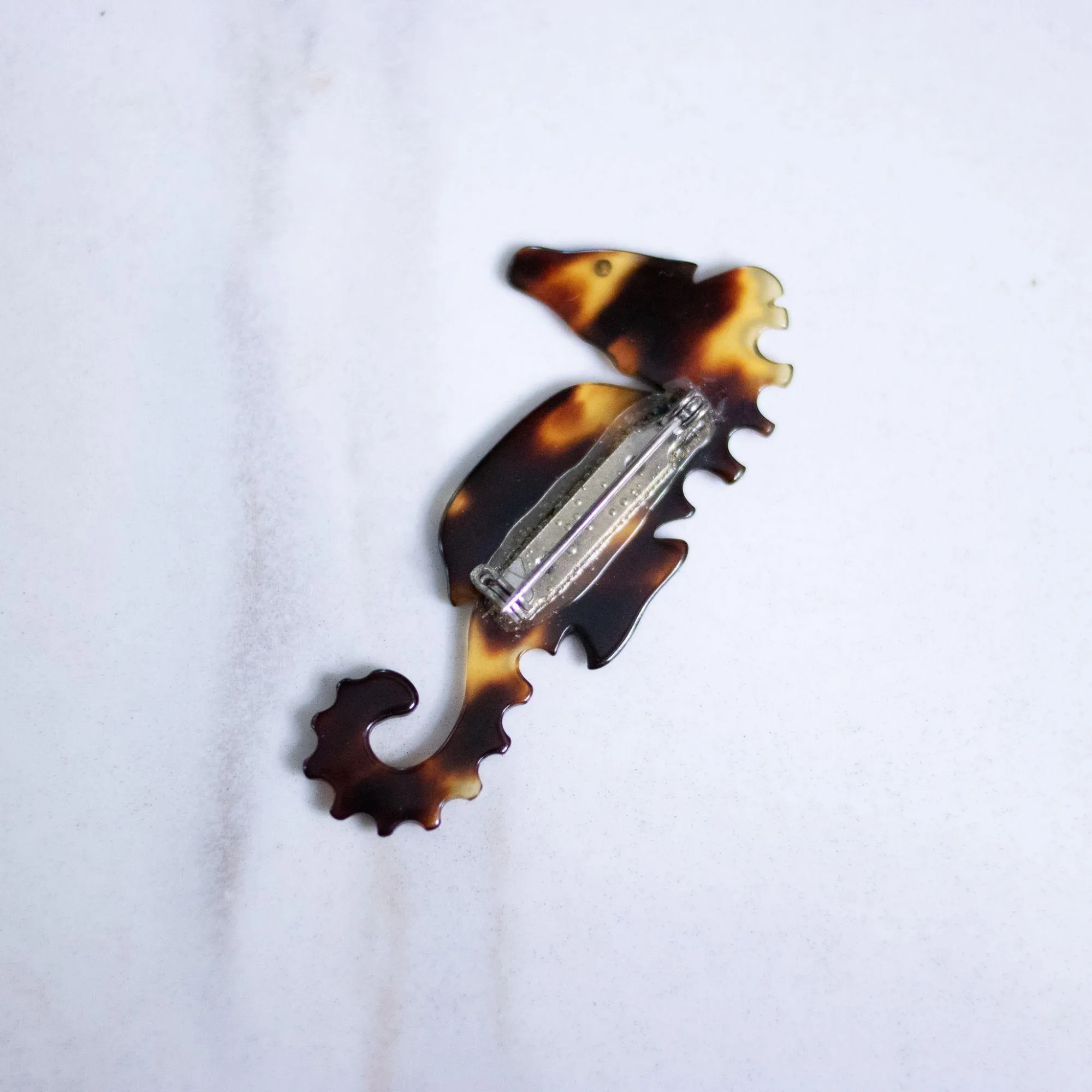 Vintage Faux Tortoise Lucite Sea Horse Brooch