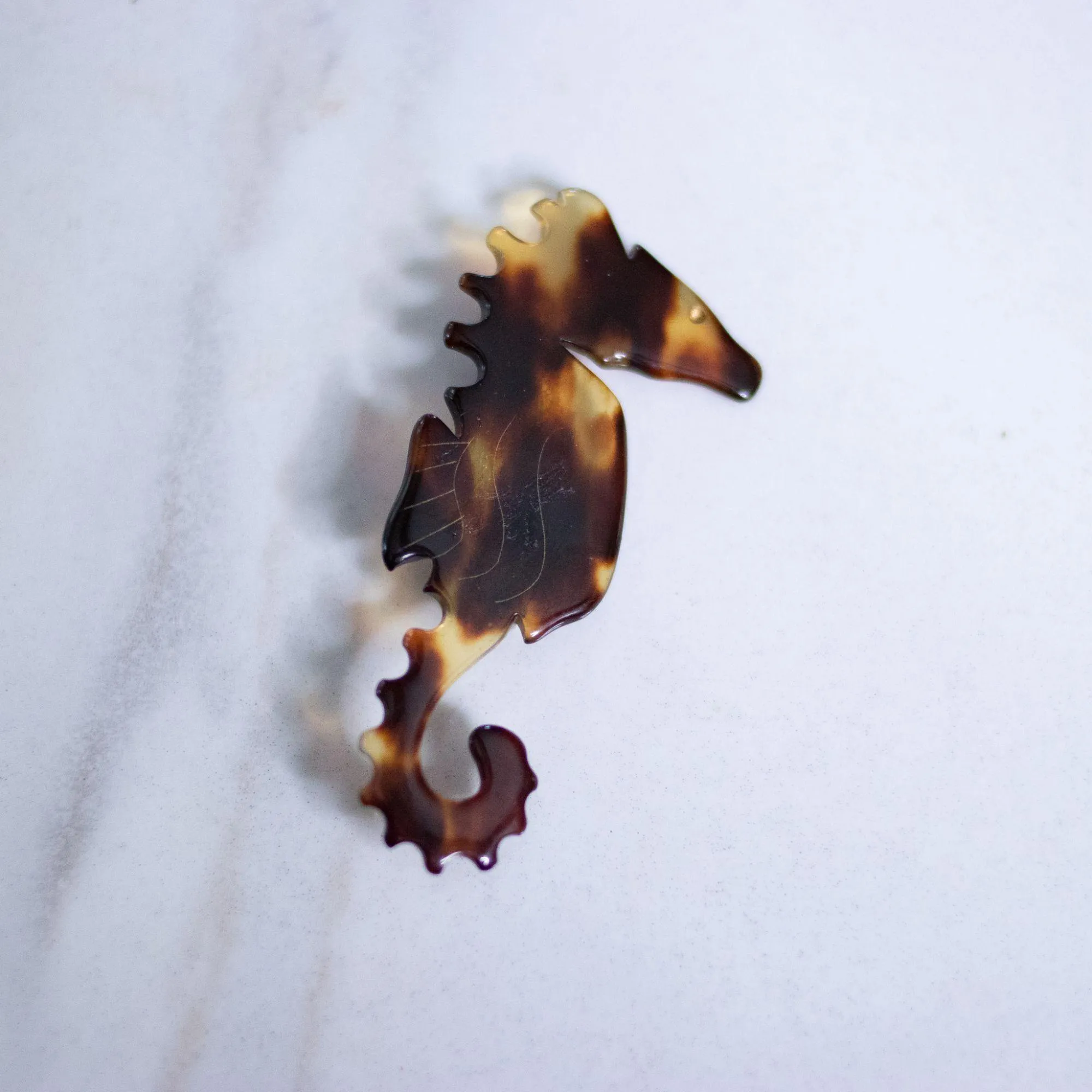 Vintage Faux Tortoise Lucite Sea Horse Brooch
