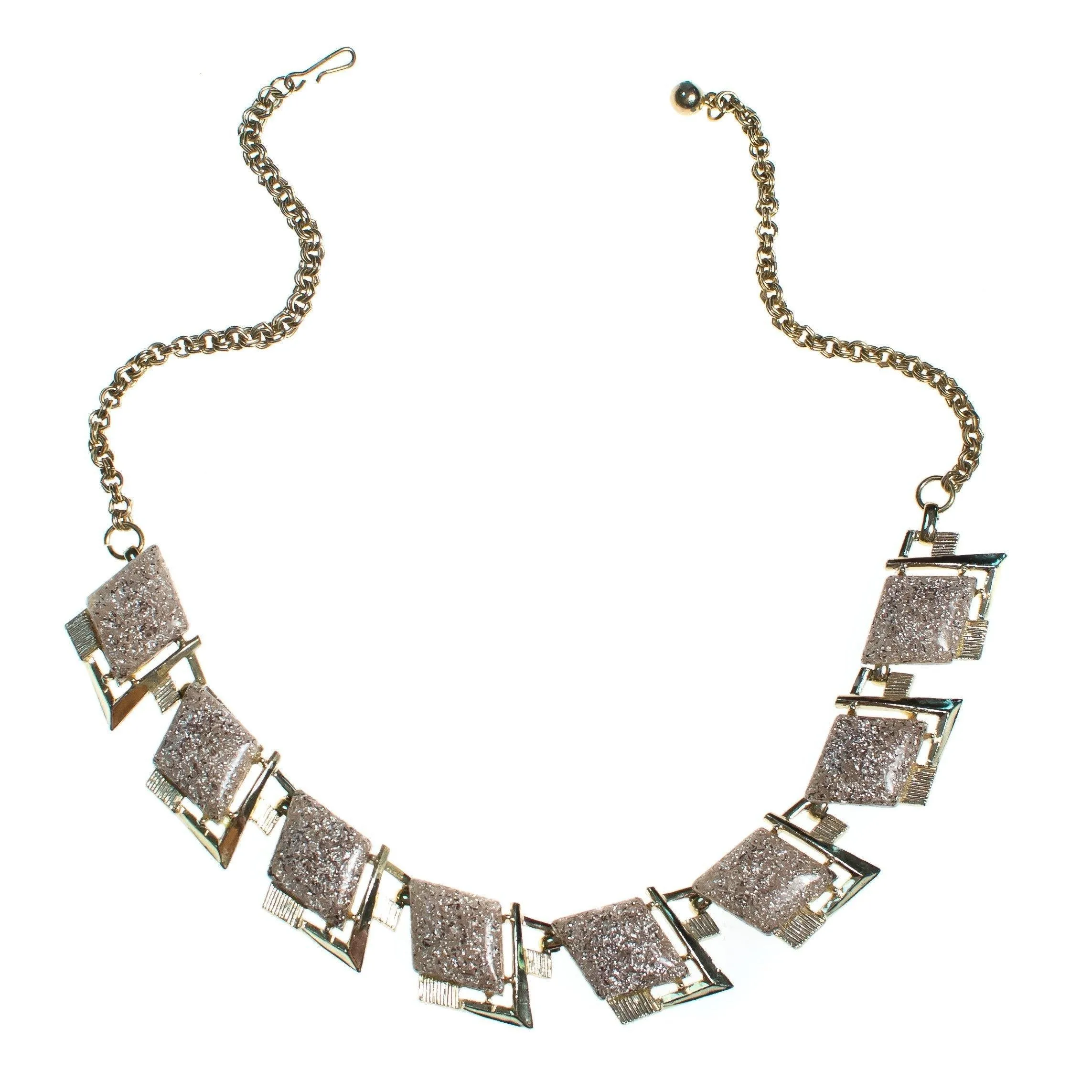 Vintage Glitter Lucite  Necklace, Gold, Silver, and Clear Lucite Gemstones, Fish Hook Clasp