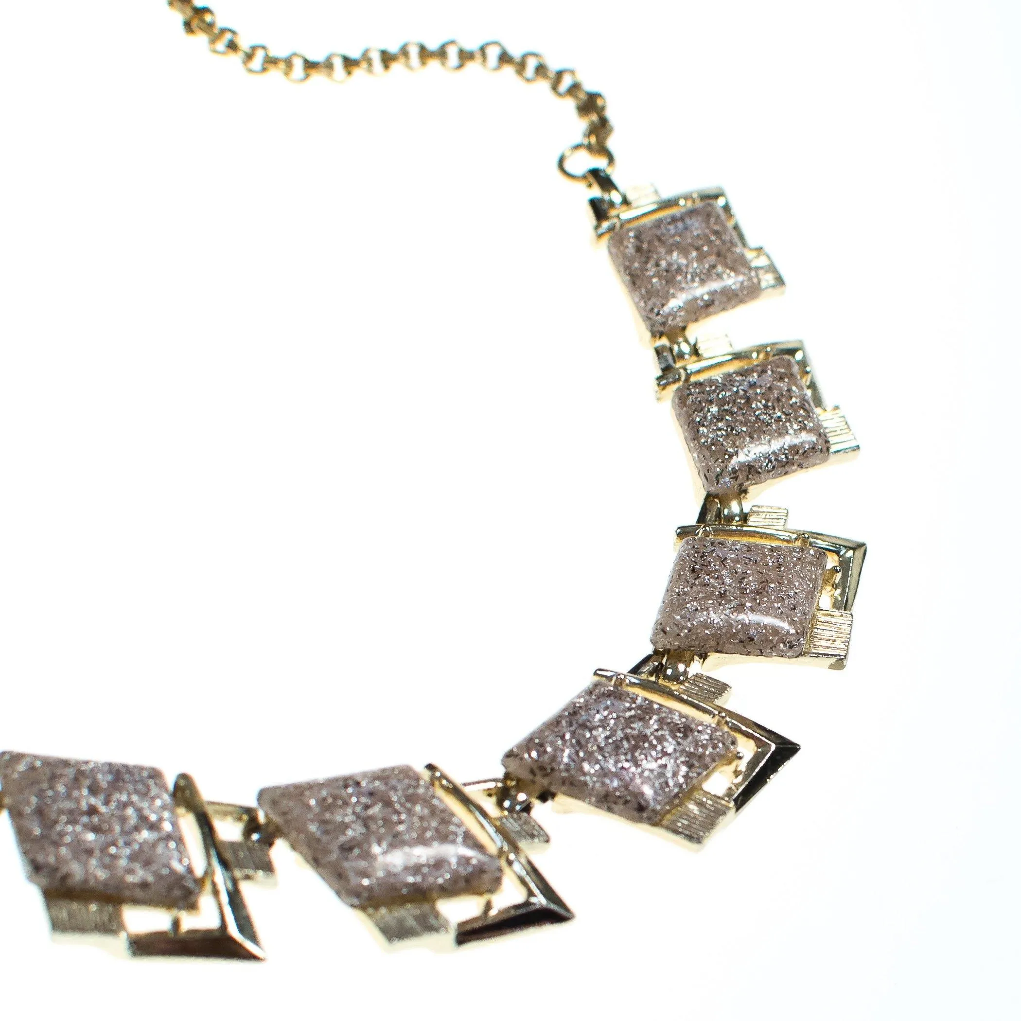 Vintage Glitter Lucite  Necklace, Gold, Silver, and Clear Lucite Gemstones, Fish Hook Clasp