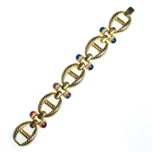 Vintage Gold Cable Bracelet with Red, Purple, Blue, and Green Cabochon Lucite Gems, Gold Tone Setting, Snap Lock Clasp