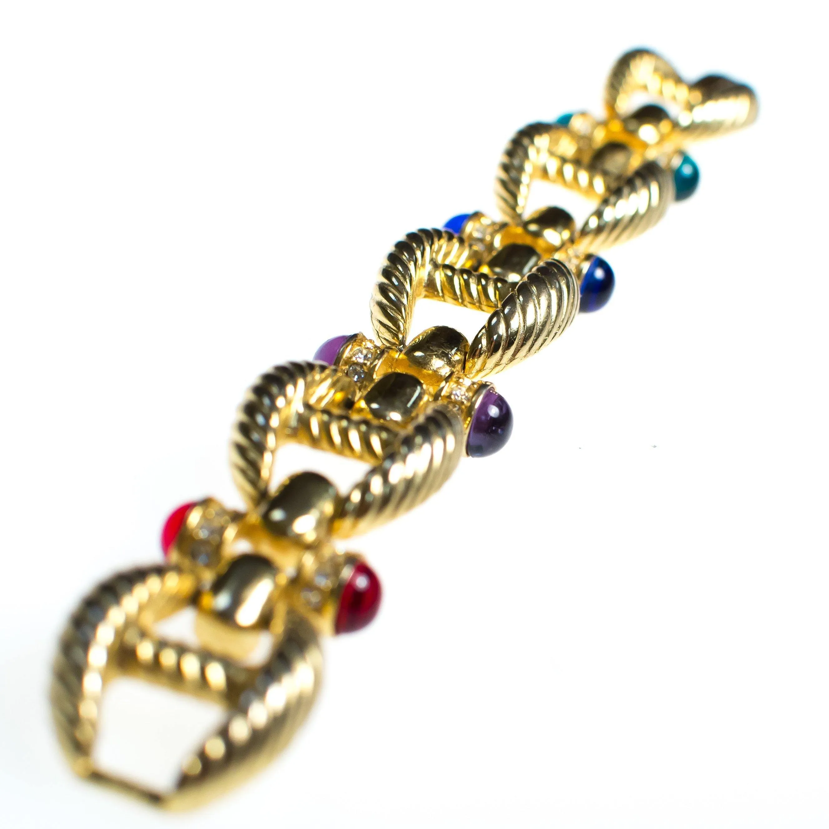 Vintage Gold Cable Bracelet with Red, Purple, Blue, and Green Cabochon Lucite Gems, Gold Tone Setting, Snap Lock Clasp