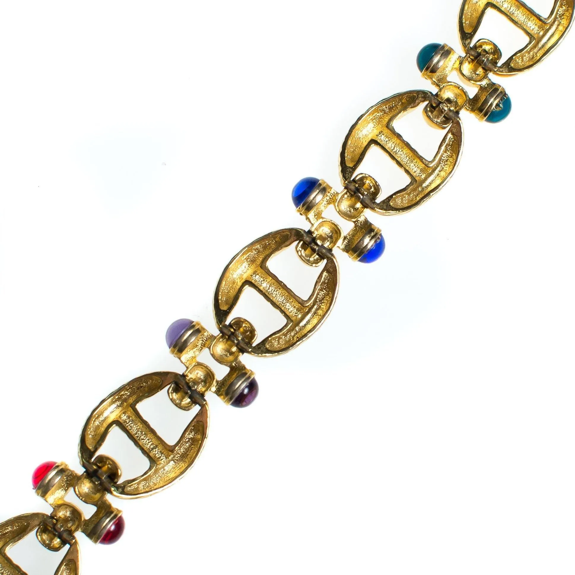 Vintage Gold Cable Bracelet with Red, Purple, Blue, and Green Cabochon Lucite Gems, Gold Tone Setting, Snap Lock Clasp