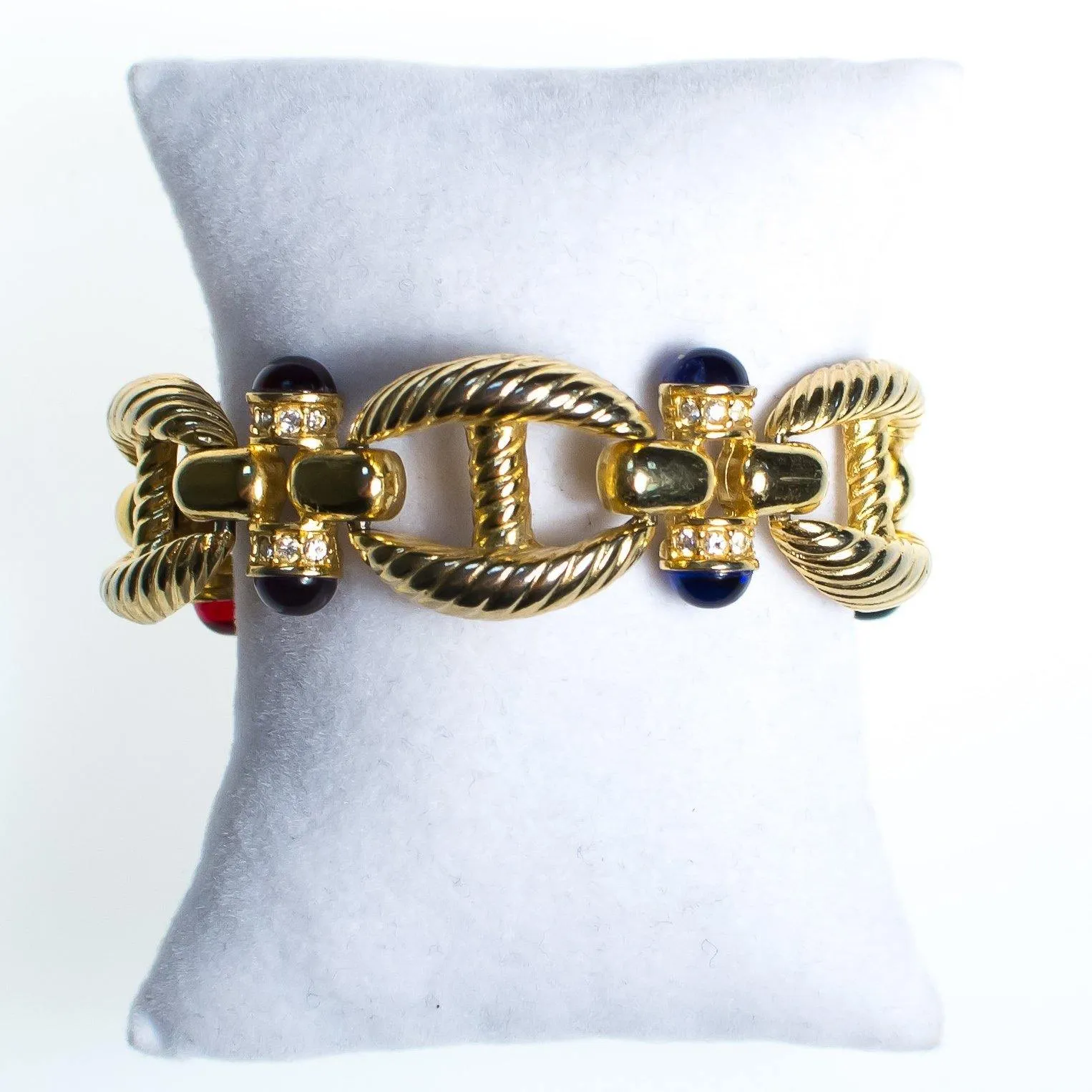 Vintage Gold Cable Bracelet with Red, Purple, Blue, and Green Cabochon Lucite Gems, Gold Tone Setting, Snap Lock Clasp