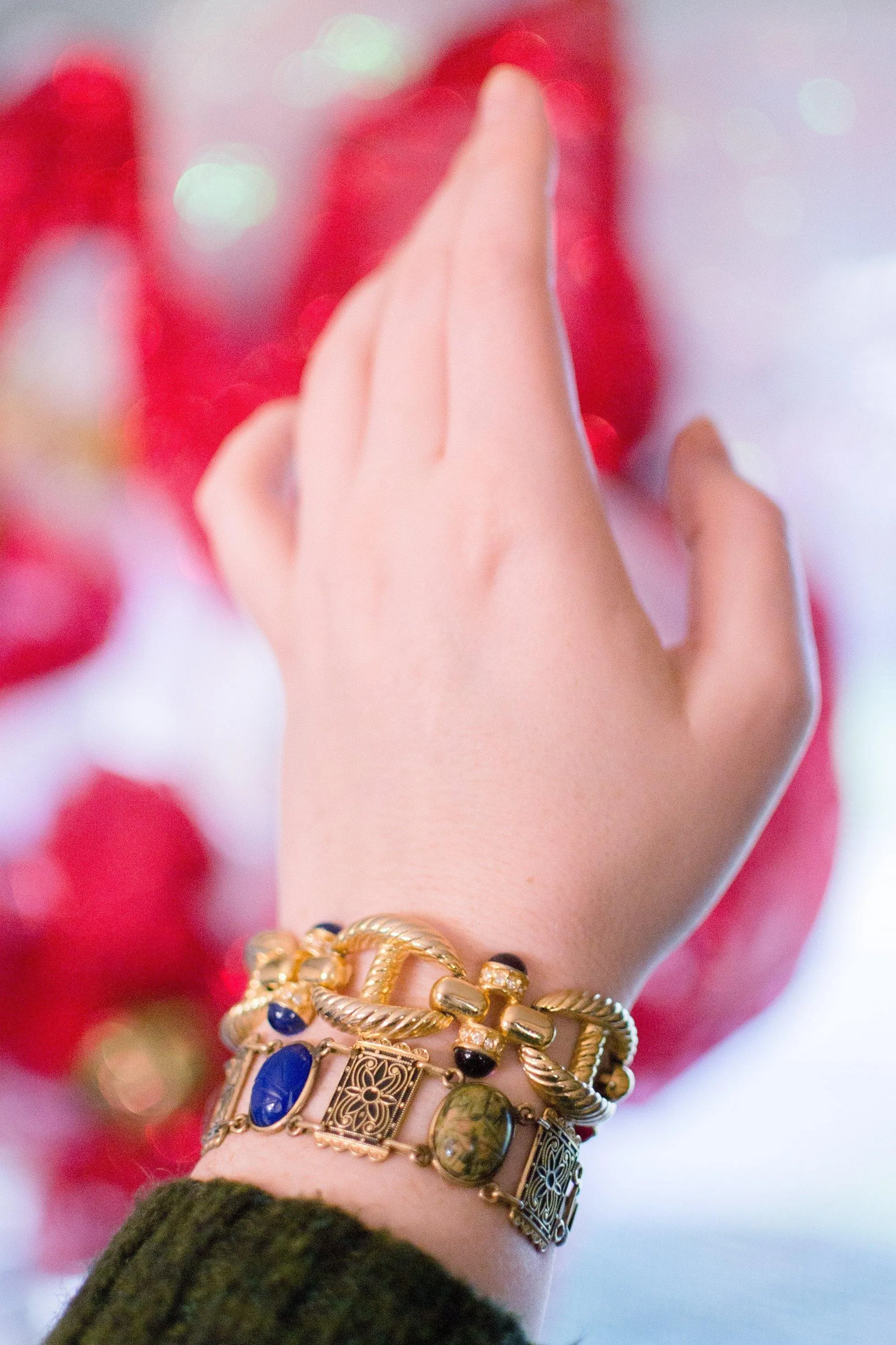 Vintage Gold Cable Bracelet with Red, Purple, Blue, and Green Cabochon Lucite Gems, Gold Tone Setting, Snap Lock Clasp