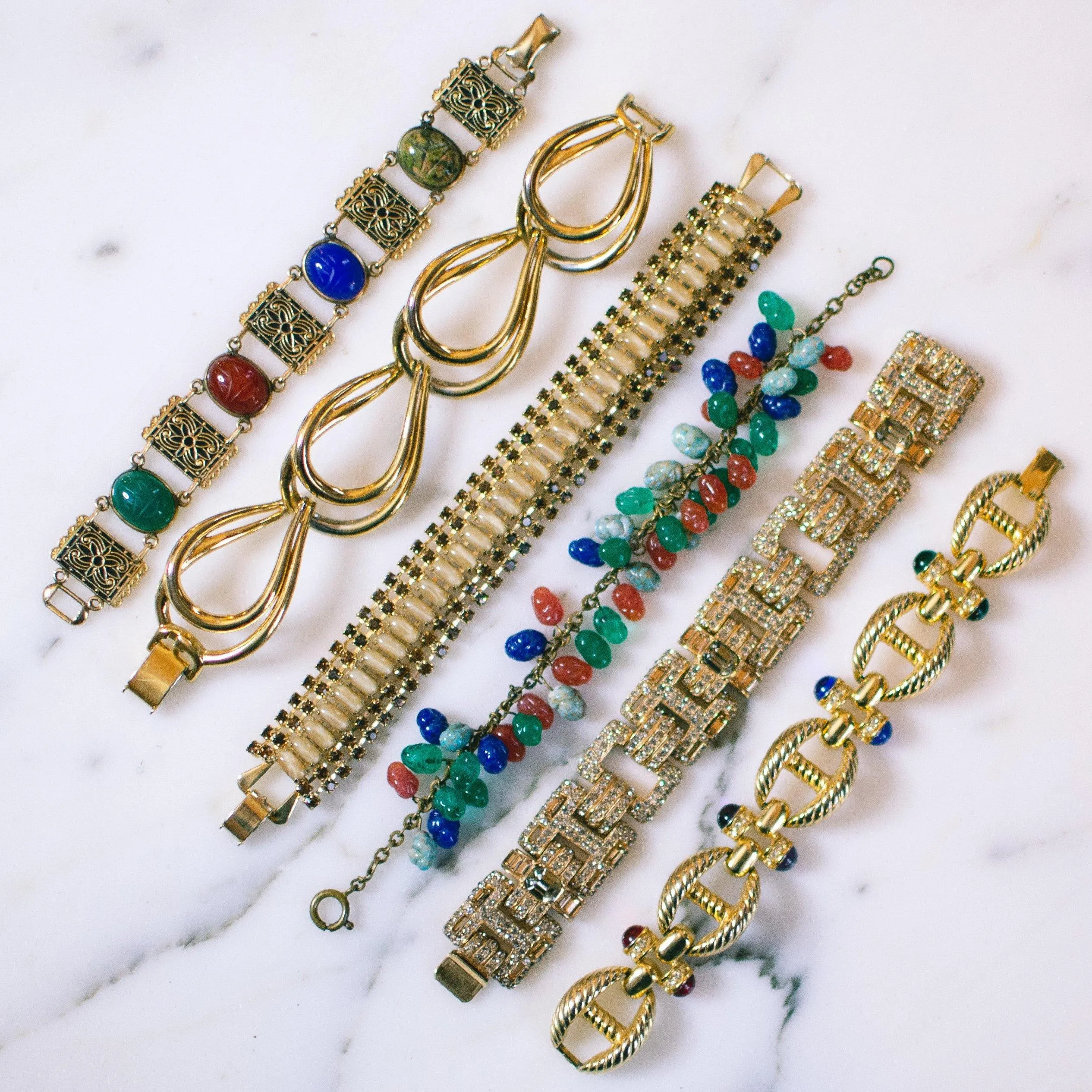 Vintage Gold Cable Bracelet with Red, Purple, Blue, and Green Cabochon Lucite Gems, Gold Tone Setting, Snap Lock Clasp