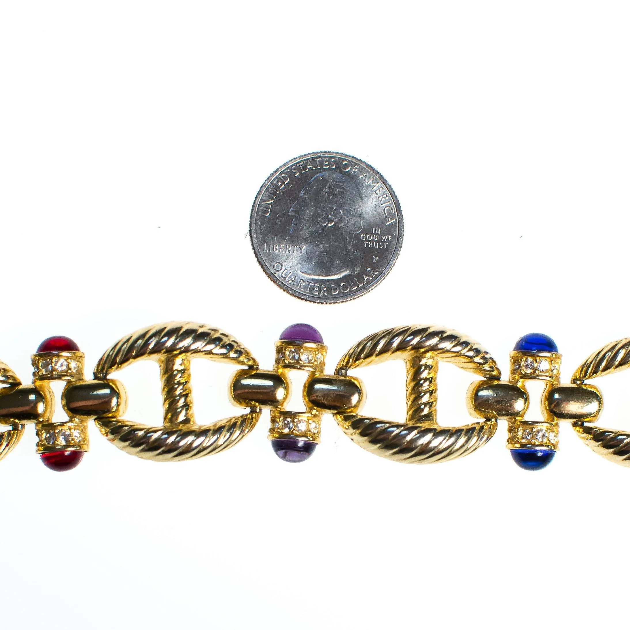 Vintage Gold Cable Bracelet with Red, Purple, Blue, and Green Cabochon Lucite Gems, Gold Tone Setting, Snap Lock Clasp