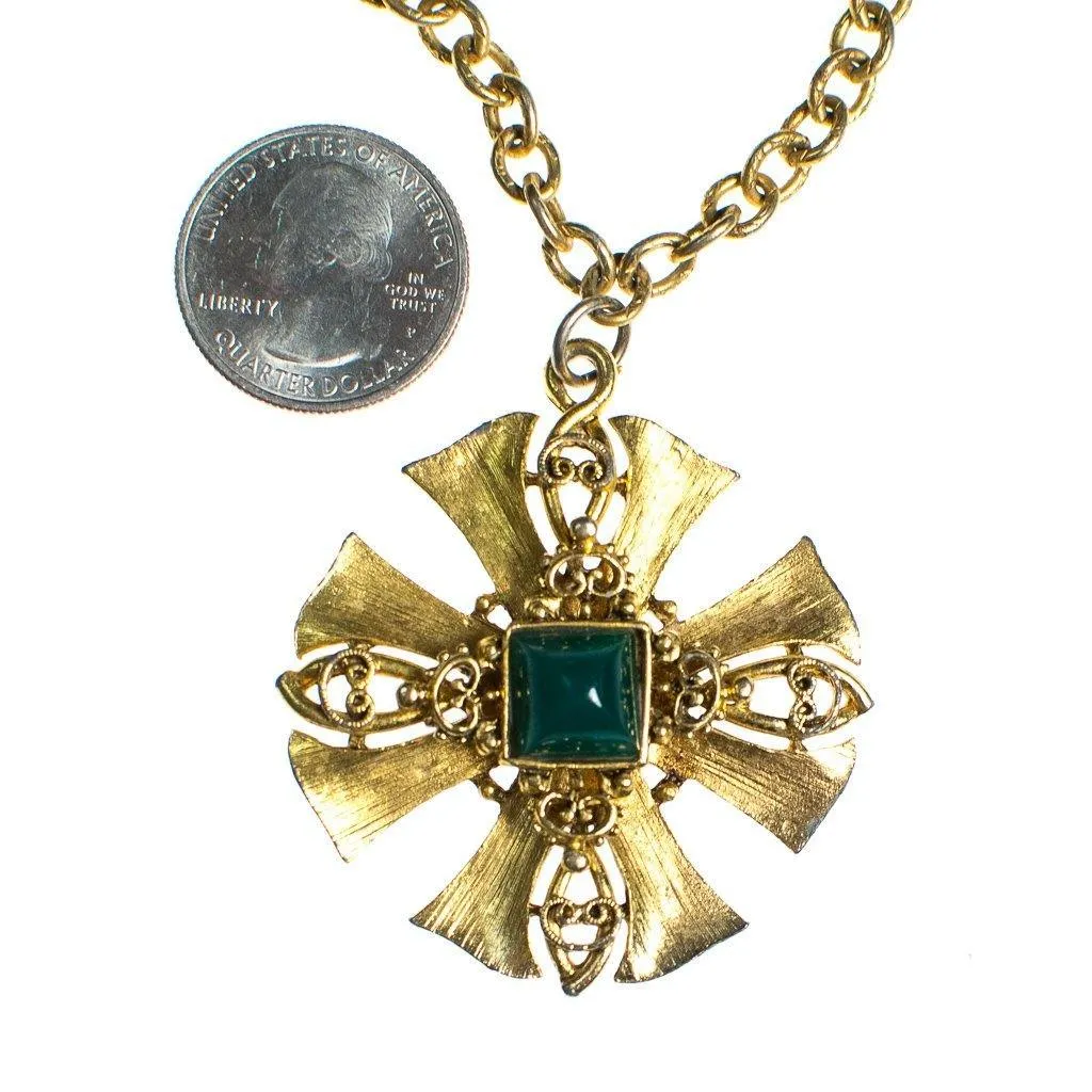 Vintage Gold Maltese Cross Pendant Statement Necklace with Emerald Lucite Cabochon Center