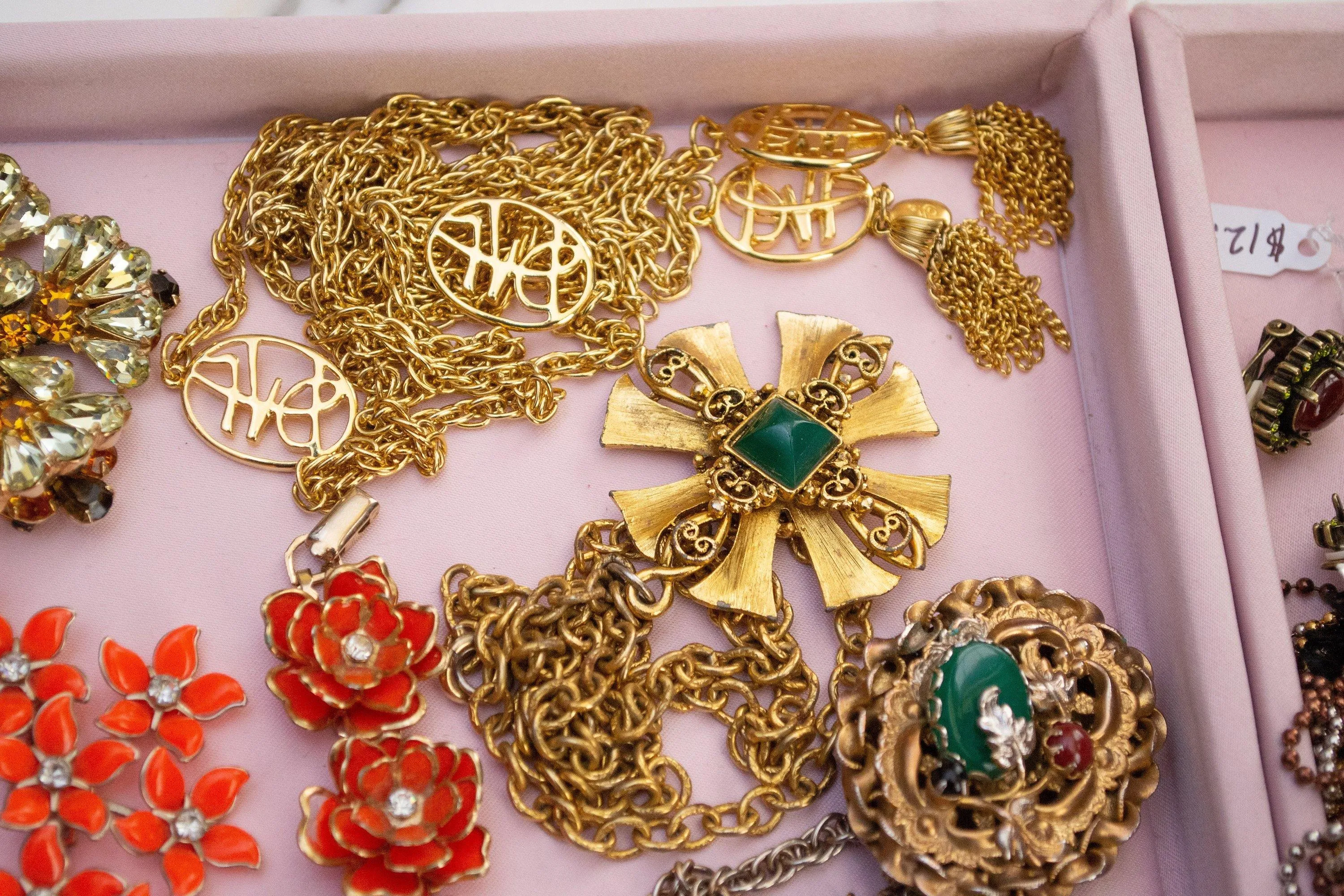 Vintage Gold Maltese Cross Pendant Statement Necklace with Emerald Lucite Cabochon Center