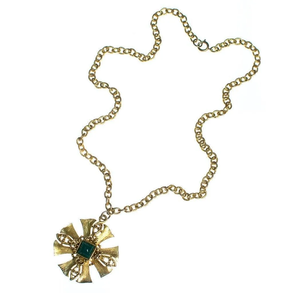 Vintage Gold Maltese Cross Pendant Statement Necklace with Emerald Lucite Cabochon Center