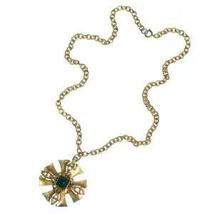 Vintage Gold Maltese Cross Pendant Statement Necklace with Emerald Lucite Cabochon Center