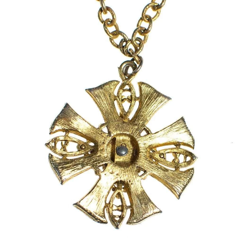 Vintage Gold Maltese Cross Pendant Statement Necklace with Emerald Lucite Cabochon Center