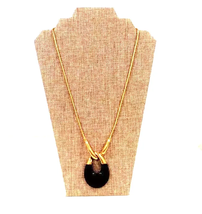 Vintage  Goldplated Signed Crown Trifari Black Lucite Teardrop Pendant Necklace