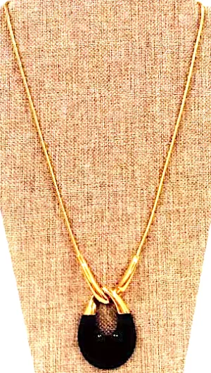 Vintage  Goldplated Signed Crown Trifari Black Lucite Teardrop Pendant Necklace