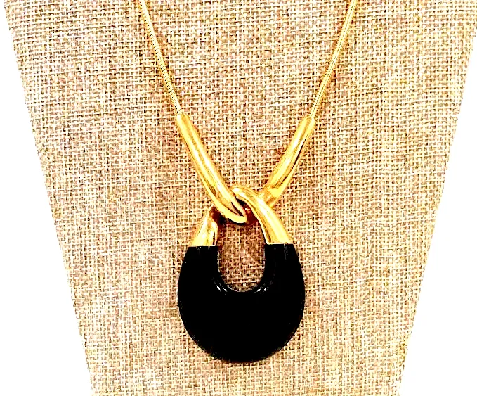 Vintage  Goldplated Signed Crown Trifari Black Lucite Teardrop Pendant Necklace