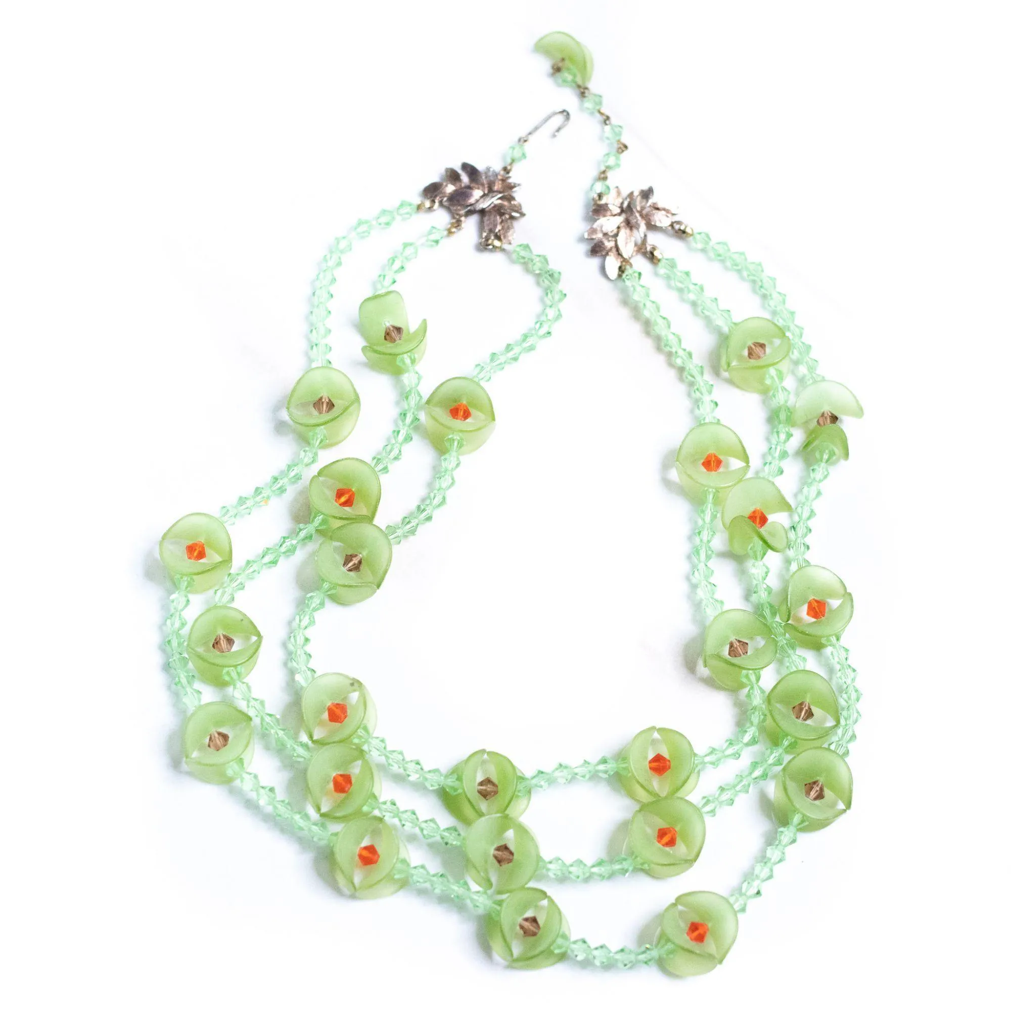 Vintage Green Fluted Lucite and Green, Red Crystal Beaded Triple Strand Necklace