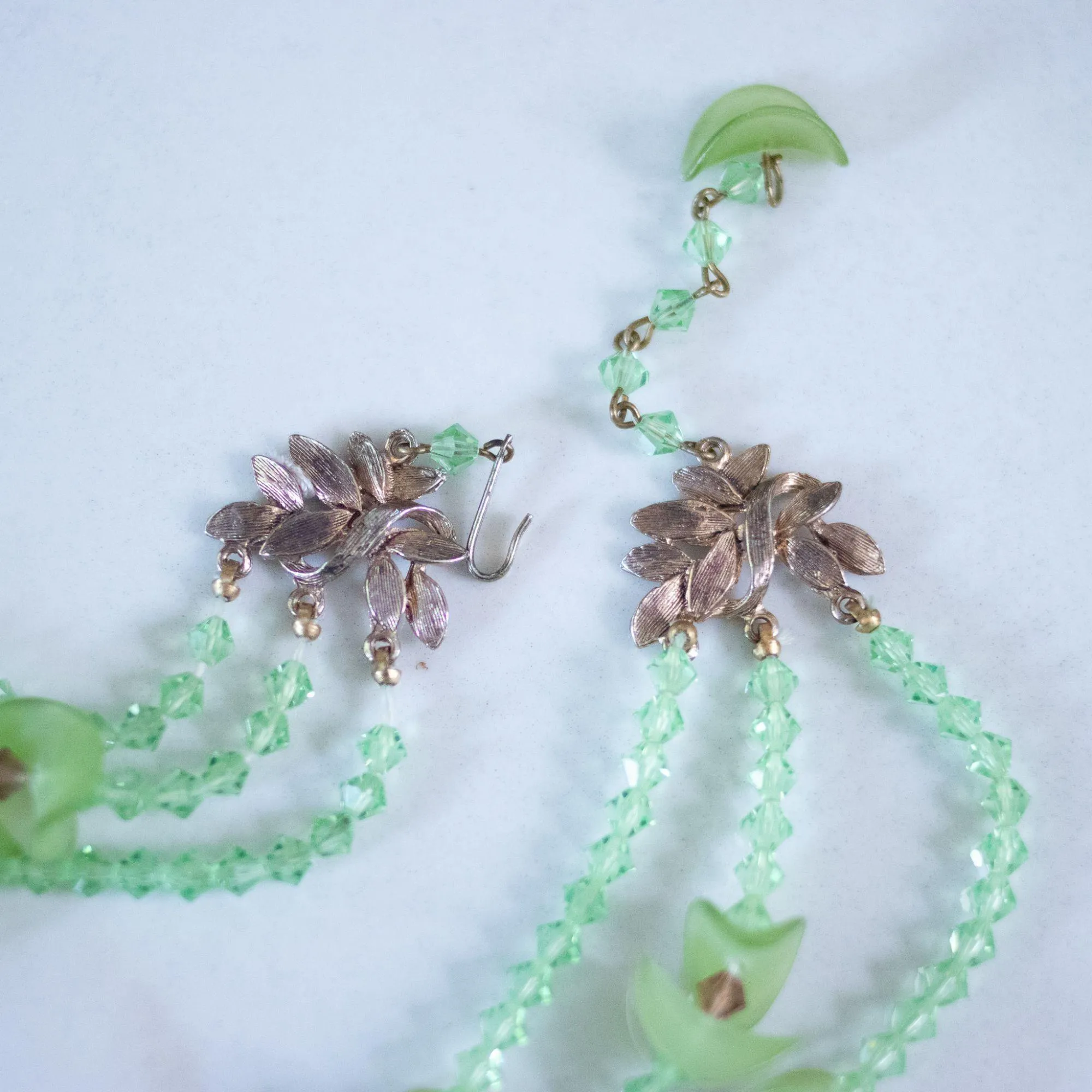 Vintage Green Fluted Lucite and Green, Red Crystal Beaded Triple Strand Necklace