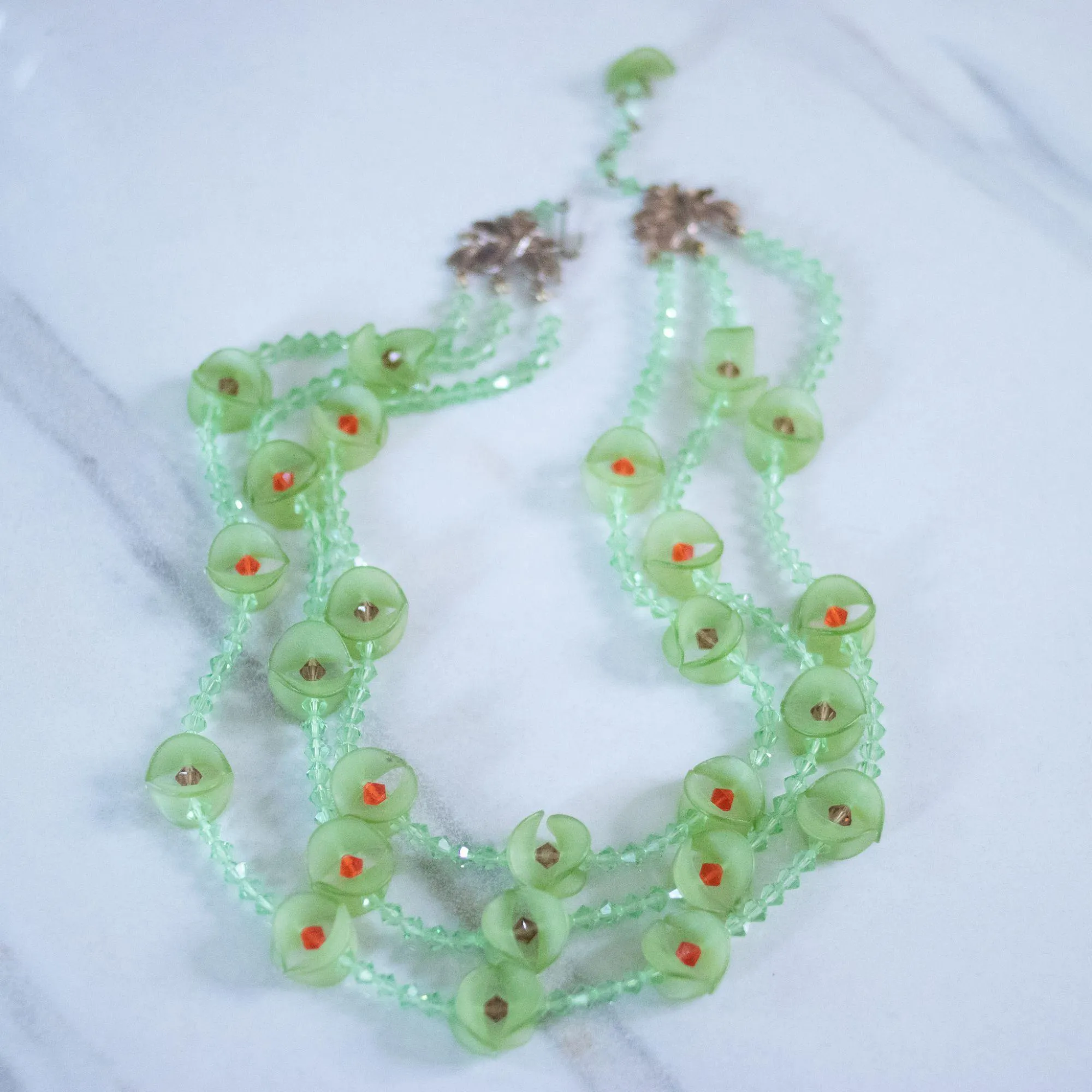 Vintage Green Fluted Lucite and Green, Red Crystal Beaded Triple Strand Necklace