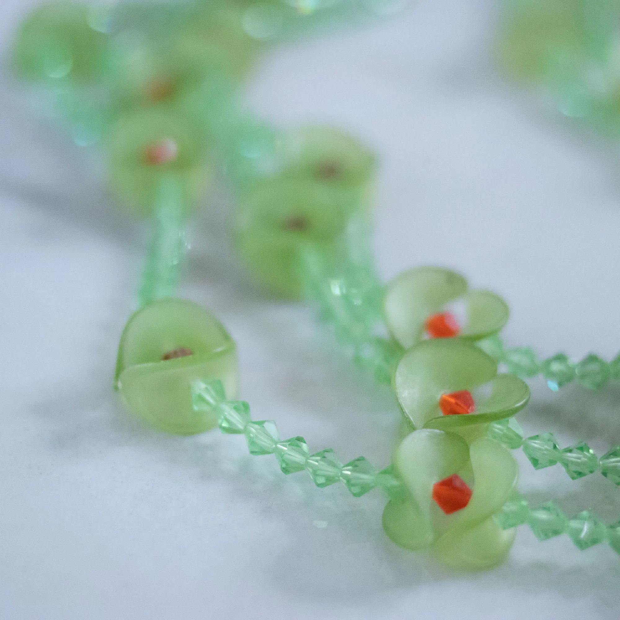 Vintage Green Fluted Lucite and Green, Red Crystal Beaded Triple Strand Necklace
