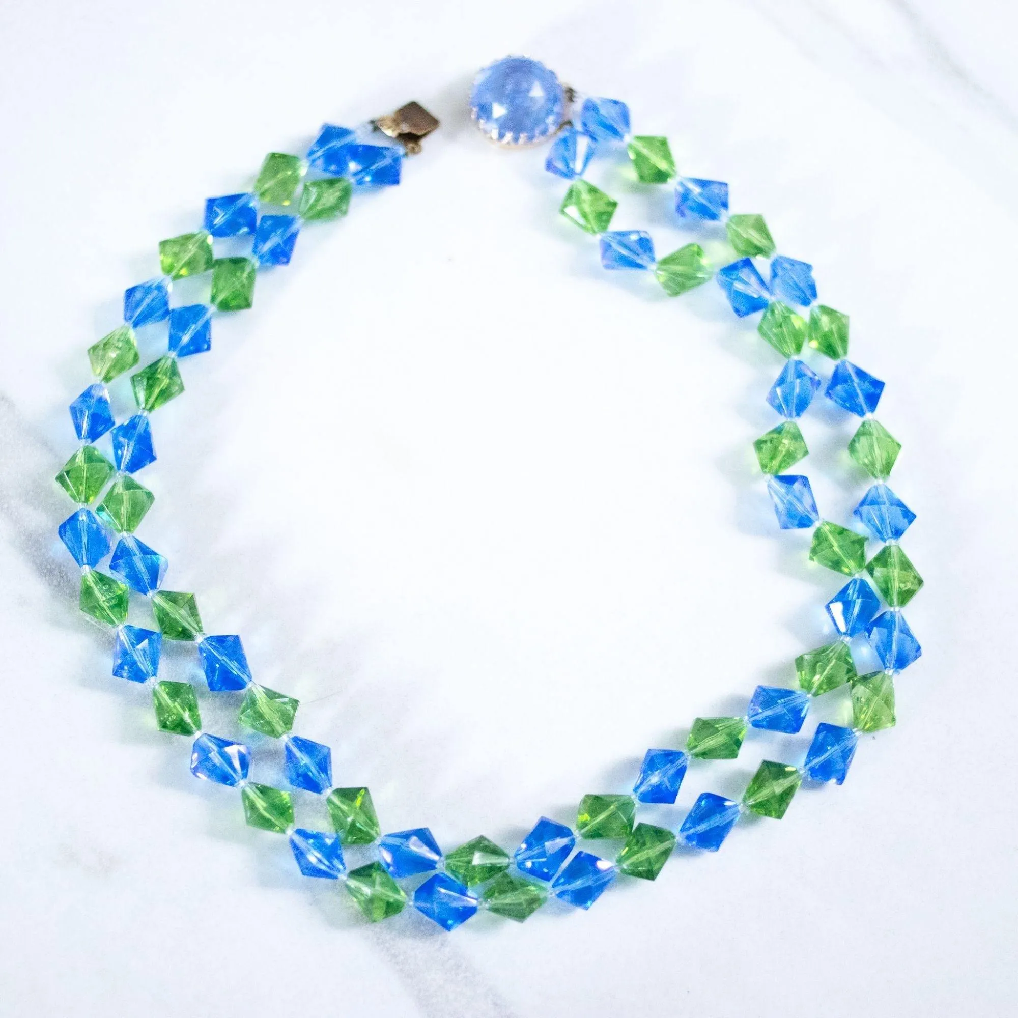 Vintage Hong Kong Blue and Green Lucite Double Strand Necklace