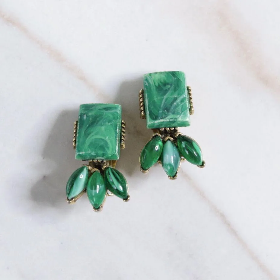 Vintage Marbled Green Lucite Statement Earrings