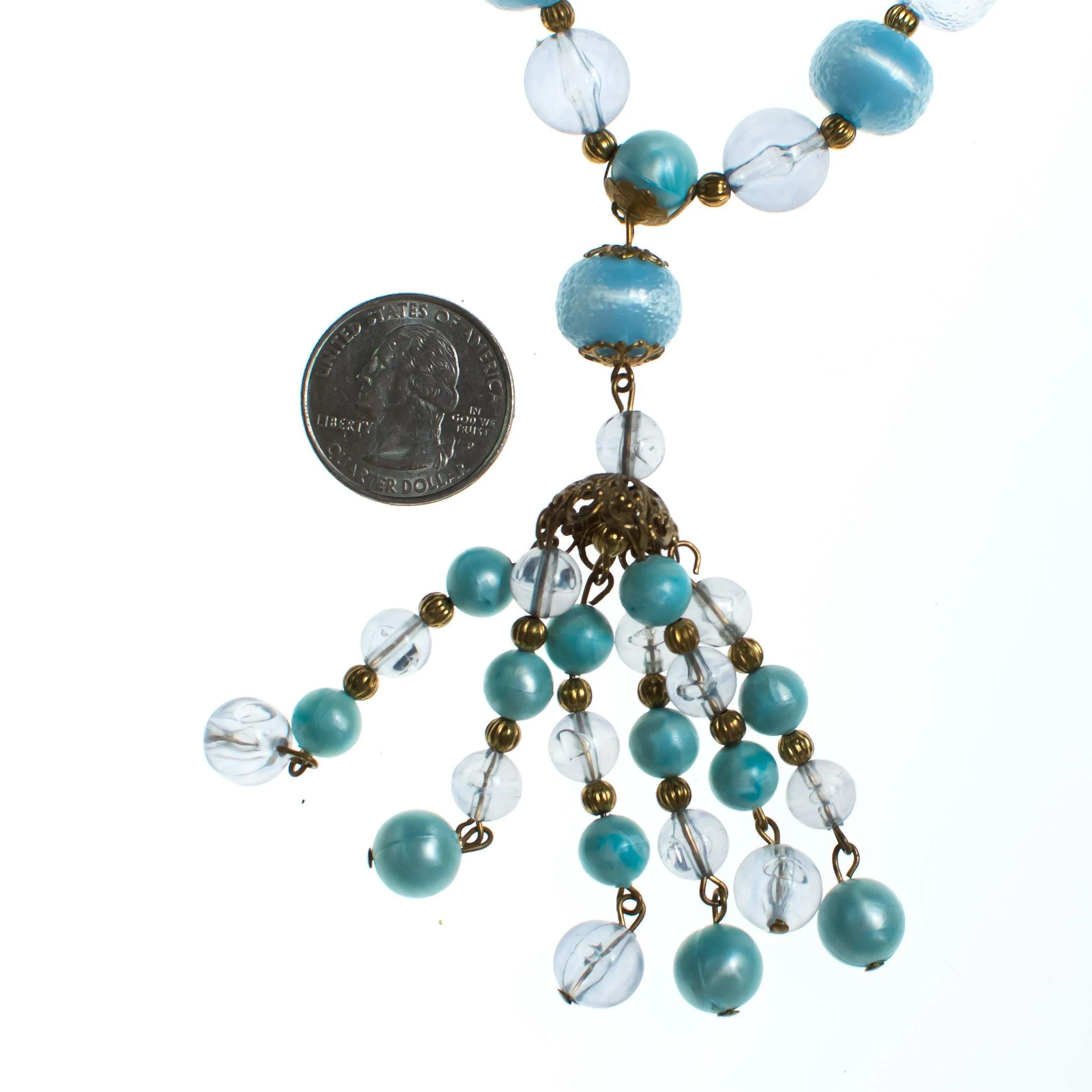 Vintage Mid Century Modern Blue Bubble Bead Lucite Tassel Necklace