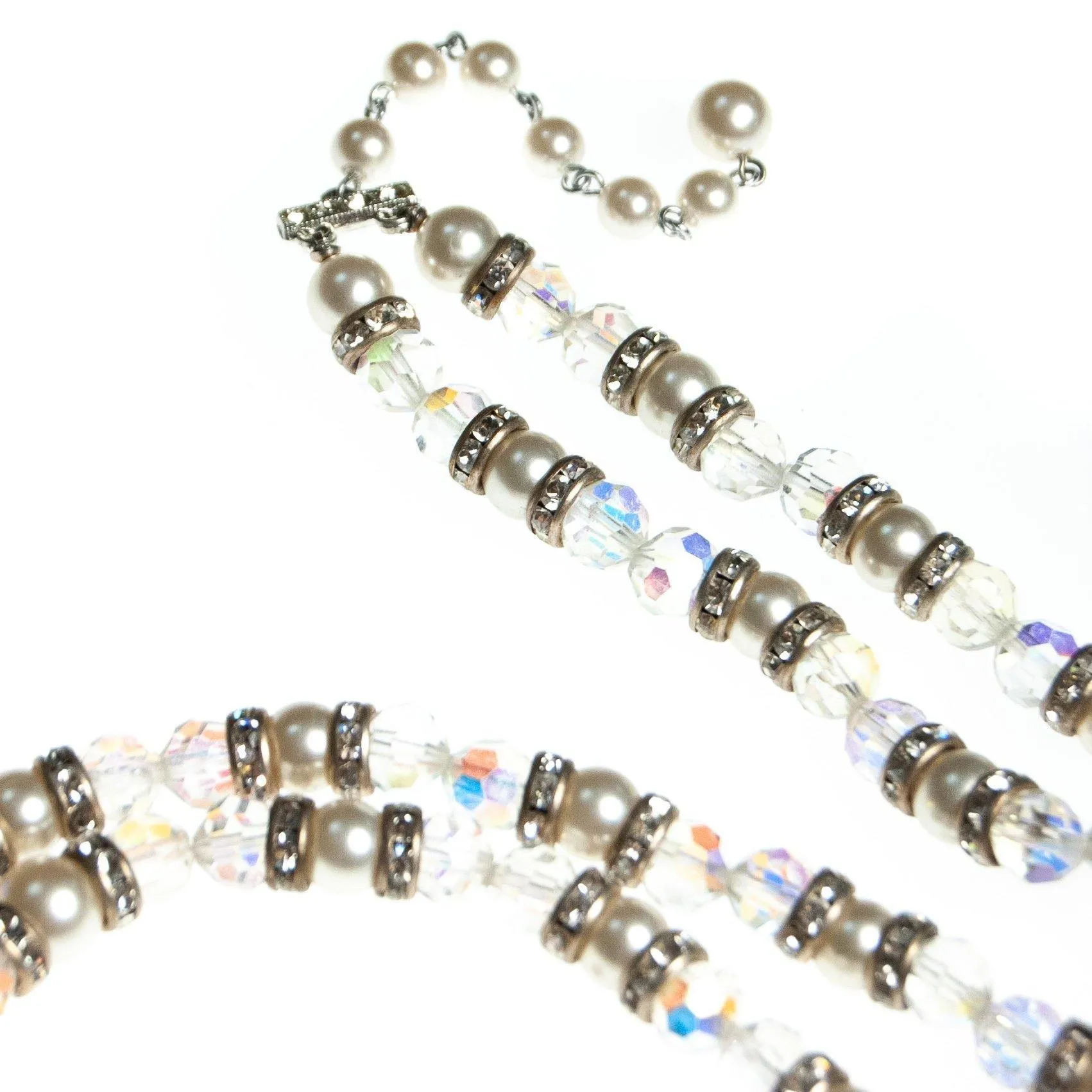 Vintage Multi-strand Necklace, Diamante Crystals, Clear Lucite Beads, Faux Pearls, Silver Setting, Fish Hook Clasp