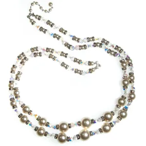 Vintage Multi-strand Necklace, Diamante Crystals, Clear Lucite Beads, Faux Pearls, Silver Setting, Fish Hook Clasp