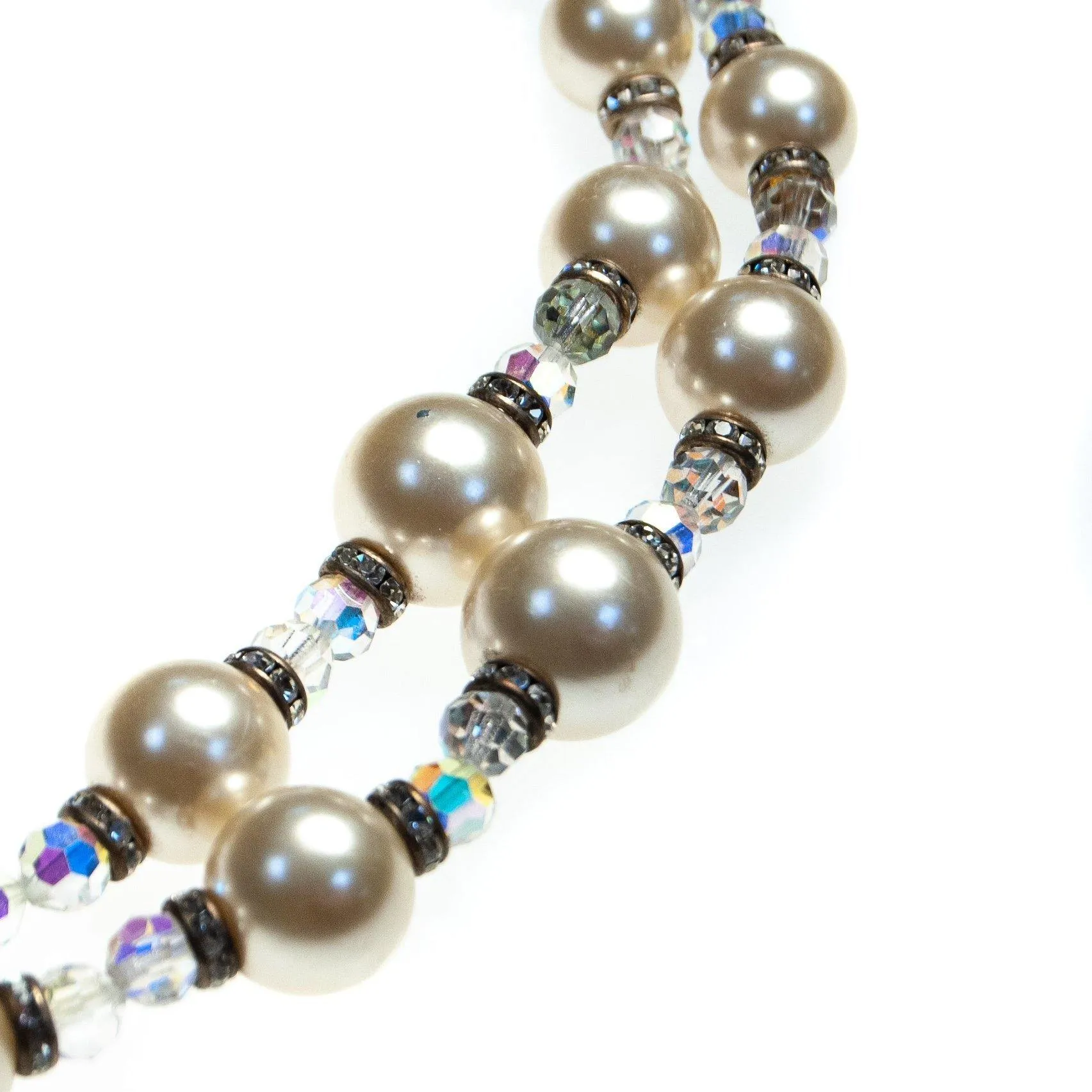 Vintage Multi-strand Necklace, Diamante Crystals, Clear Lucite Beads, Faux Pearls, Silver Setting, Fish Hook Clasp