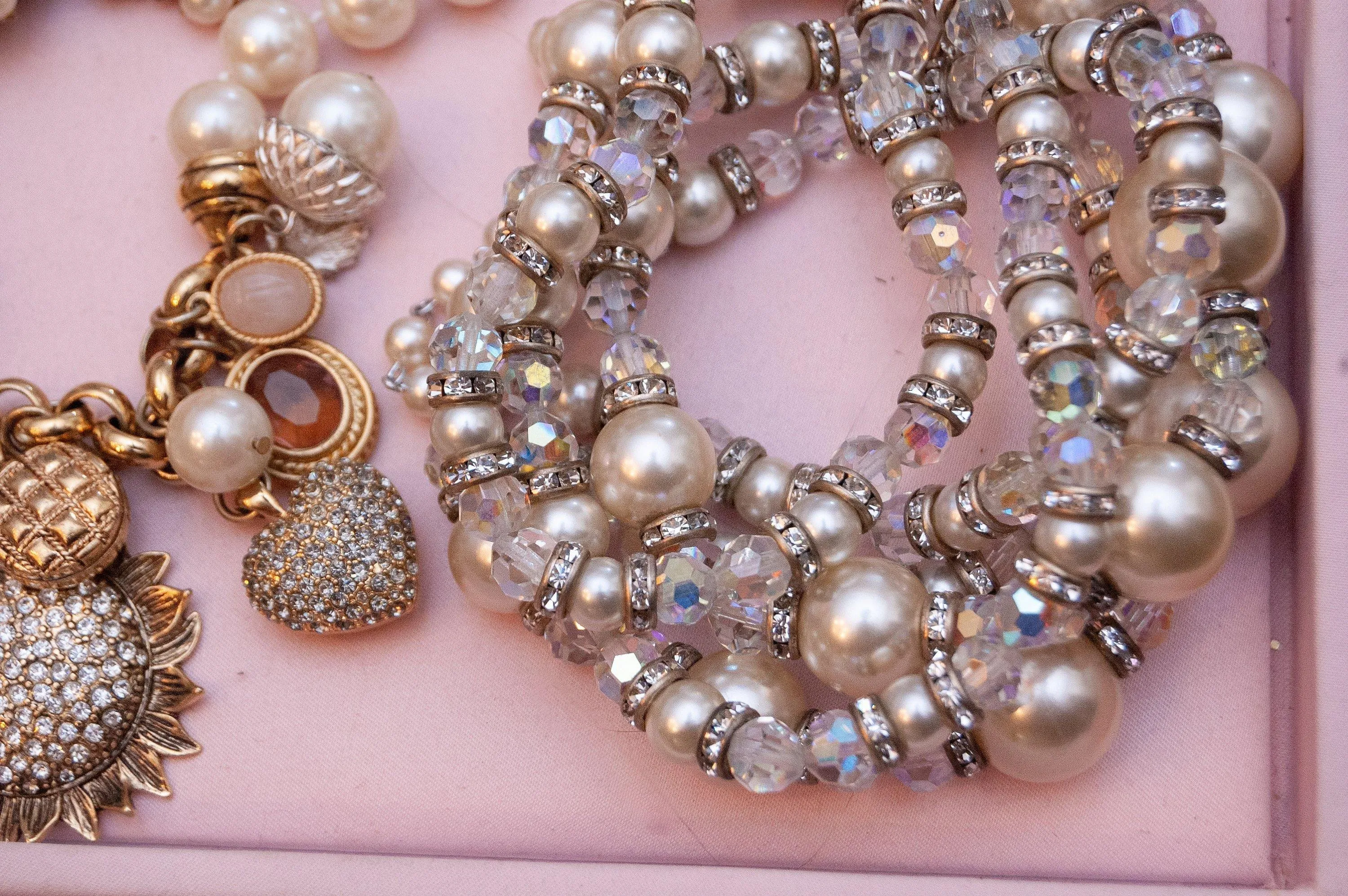 Vintage Multi-strand Necklace, Diamante Crystals, Clear Lucite Beads, Faux Pearls, Silver Setting, Fish Hook Clasp