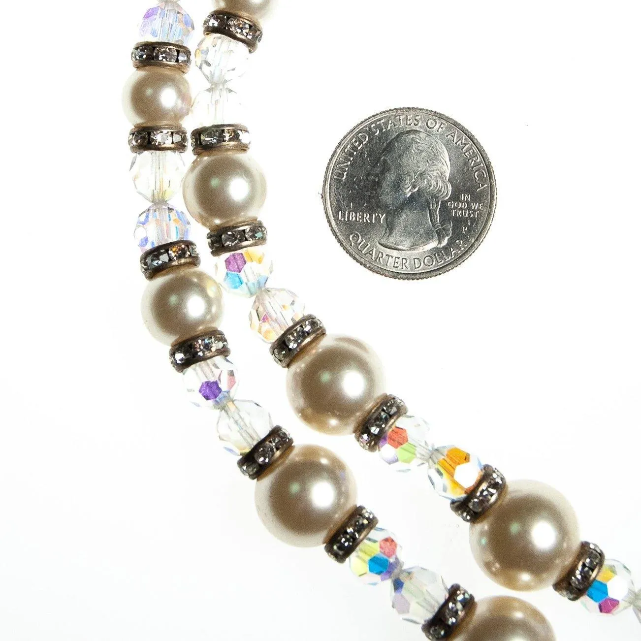 Vintage Multi-strand Necklace, Diamante Crystals, Clear Lucite Beads, Faux Pearls, Silver Setting, Fish Hook Clasp