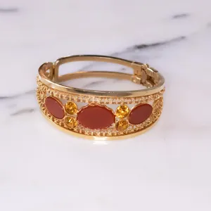 Vintage Orange Lucite and Citrine Rhinestone Hinged Bangle