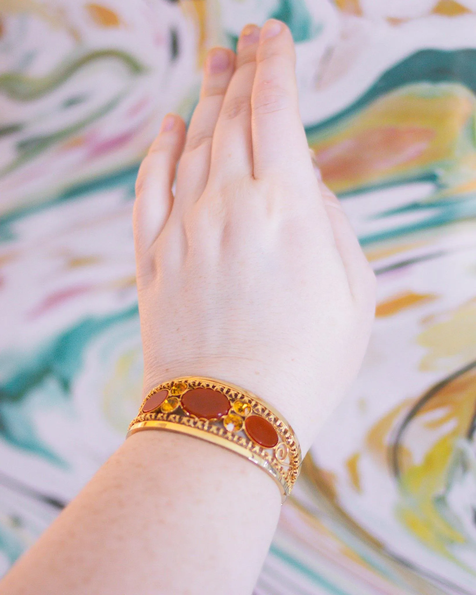 Vintage Orange Lucite and Citrine Rhinestone Hinged Bangle