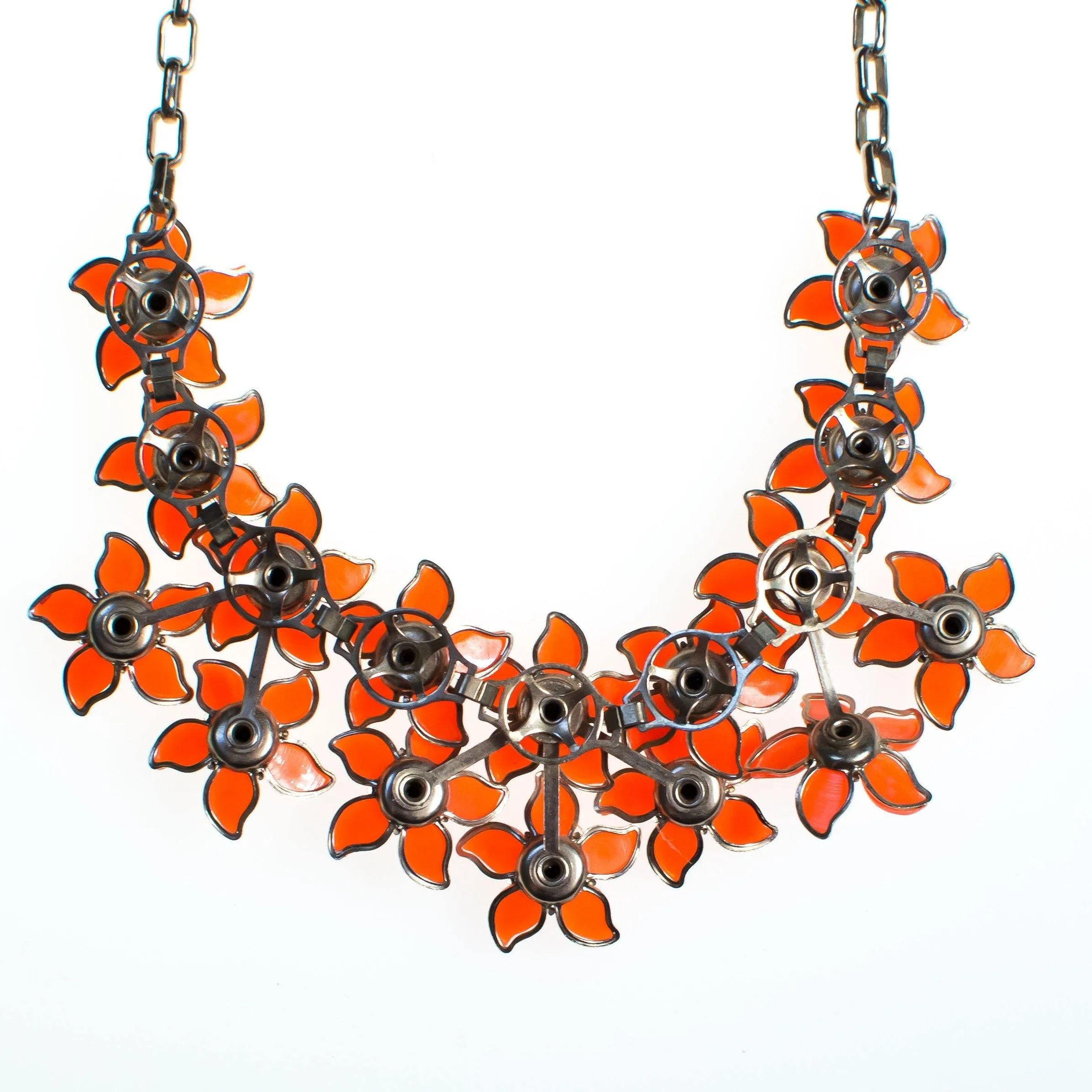 Vintage Orange Thermoset Flower Necklace, Orange Lucite Flowers, Silver Tone Chain, Rhinestones, Fish Hook Clasp