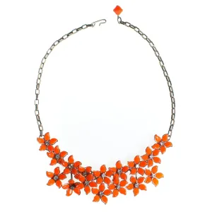 Vintage Orange Thermoset Flower Necklace, Orange Lucite Flowers, Silver Tone Chain, Rhinestones, Fish Hook Clasp