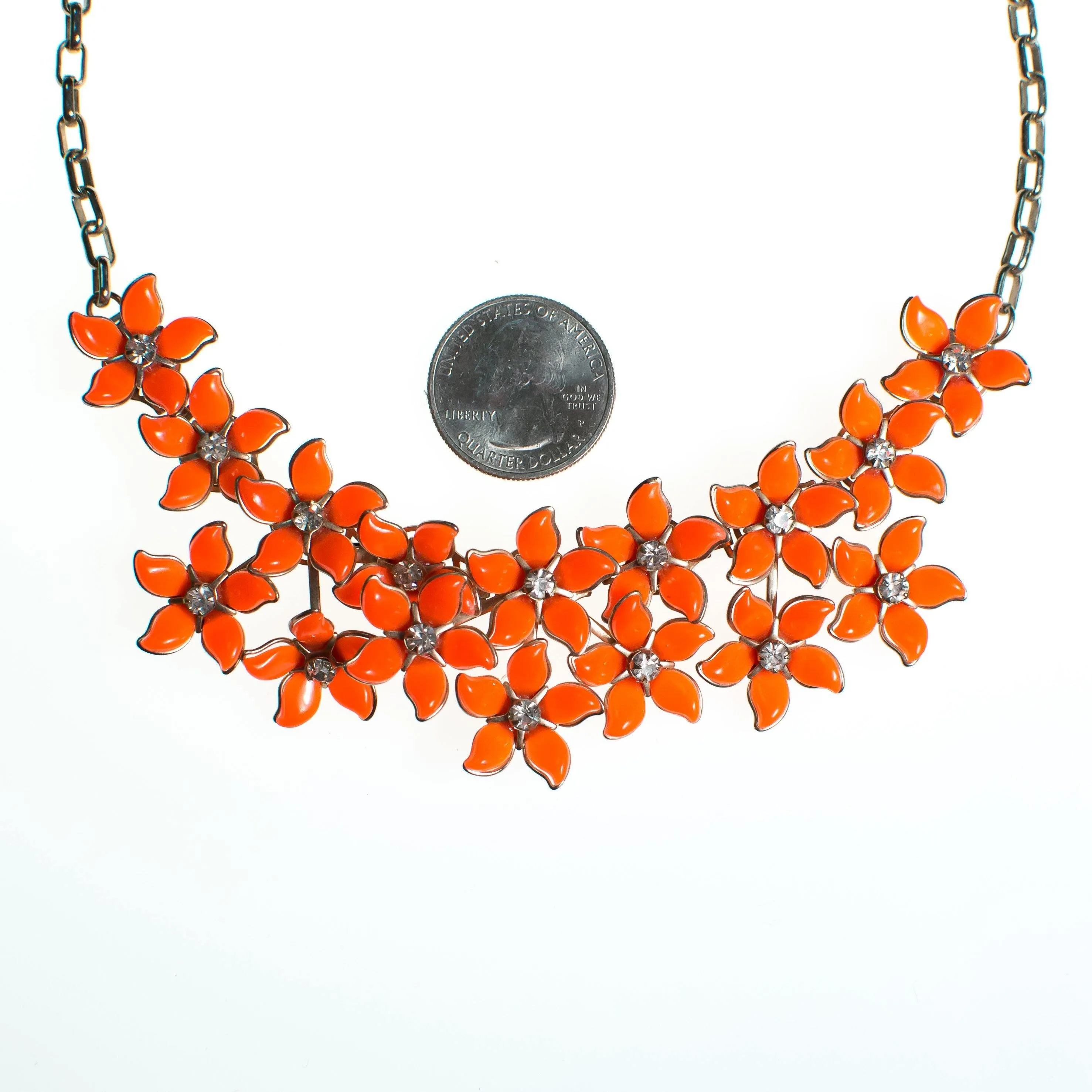 Vintage Orange Thermoset Flower Necklace, Orange Lucite Flowers, Silver Tone Chain, Rhinestones, Fish Hook Clasp