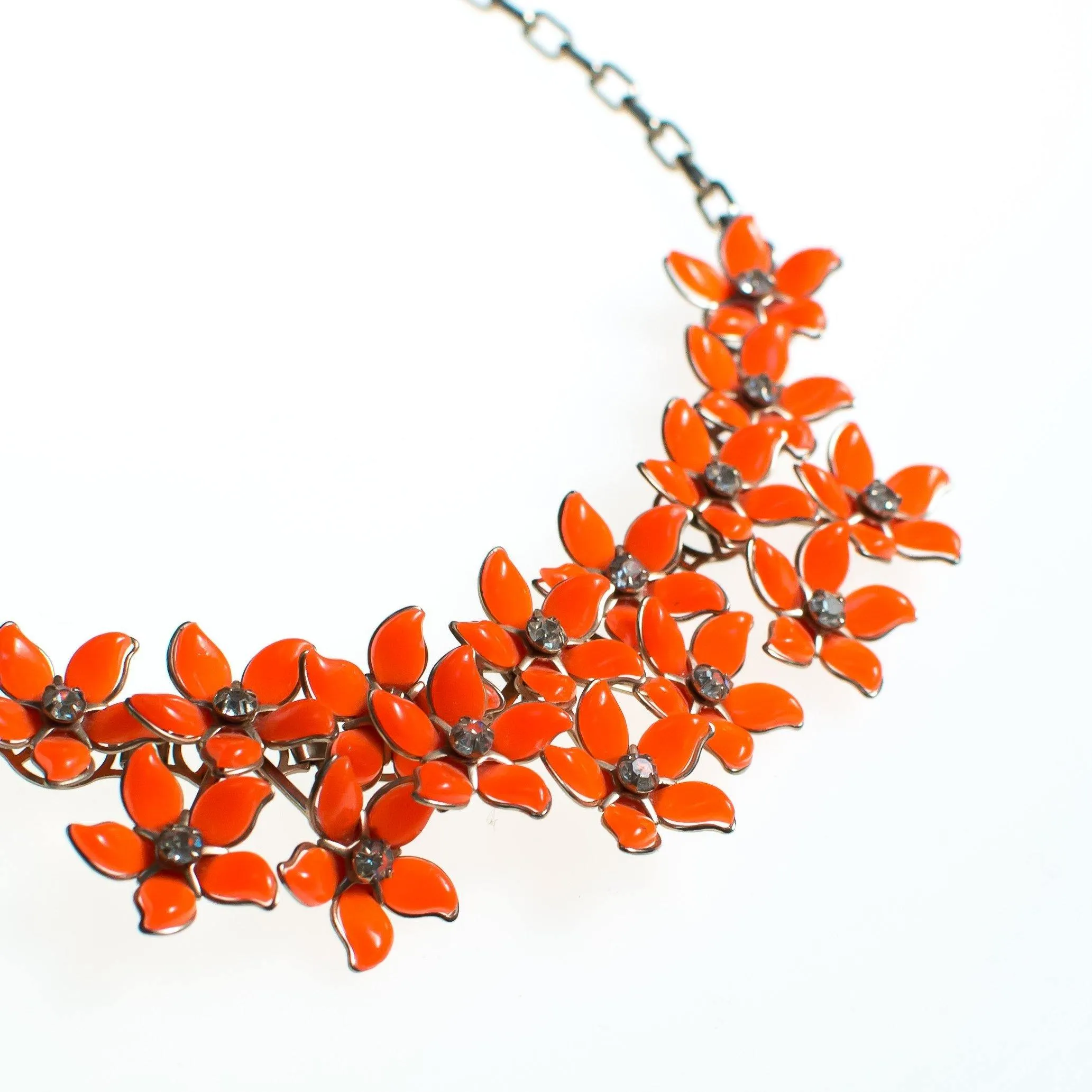 Vintage Orange Thermoset Flower Necklace, Orange Lucite Flowers, Silver Tone Chain, Rhinestones, Fish Hook Clasp
