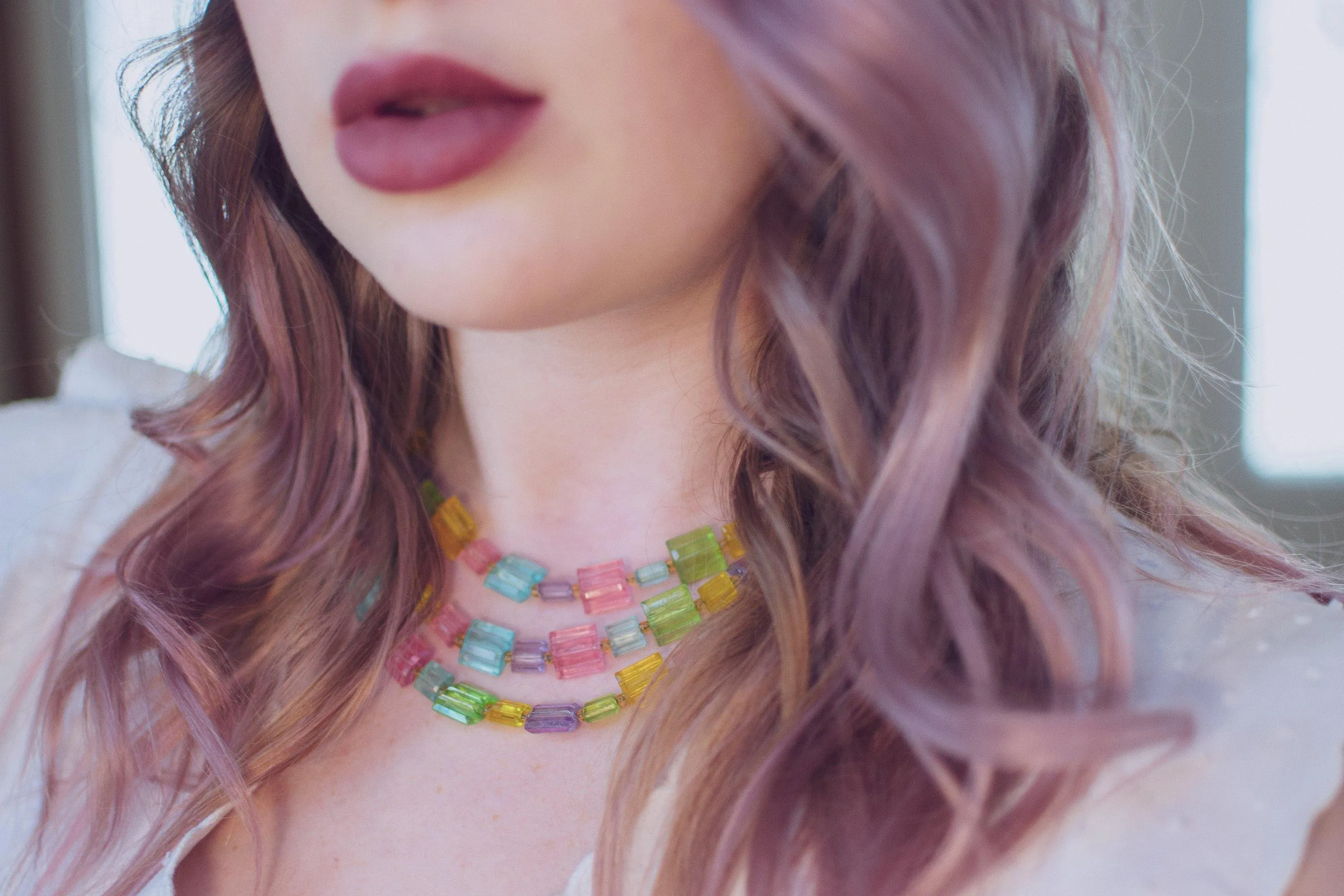 Vintage Pastel Rainbow Lucite Triple Stand Necklace