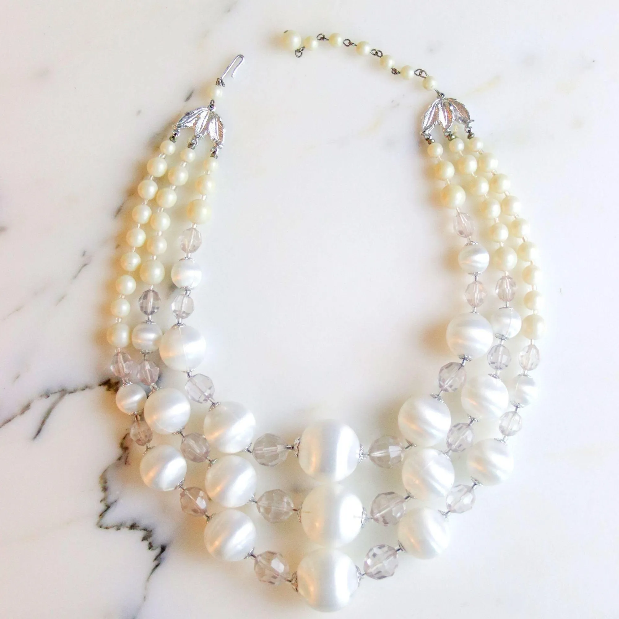 Vintage Pearl White Lucite Triple Strand Necklace