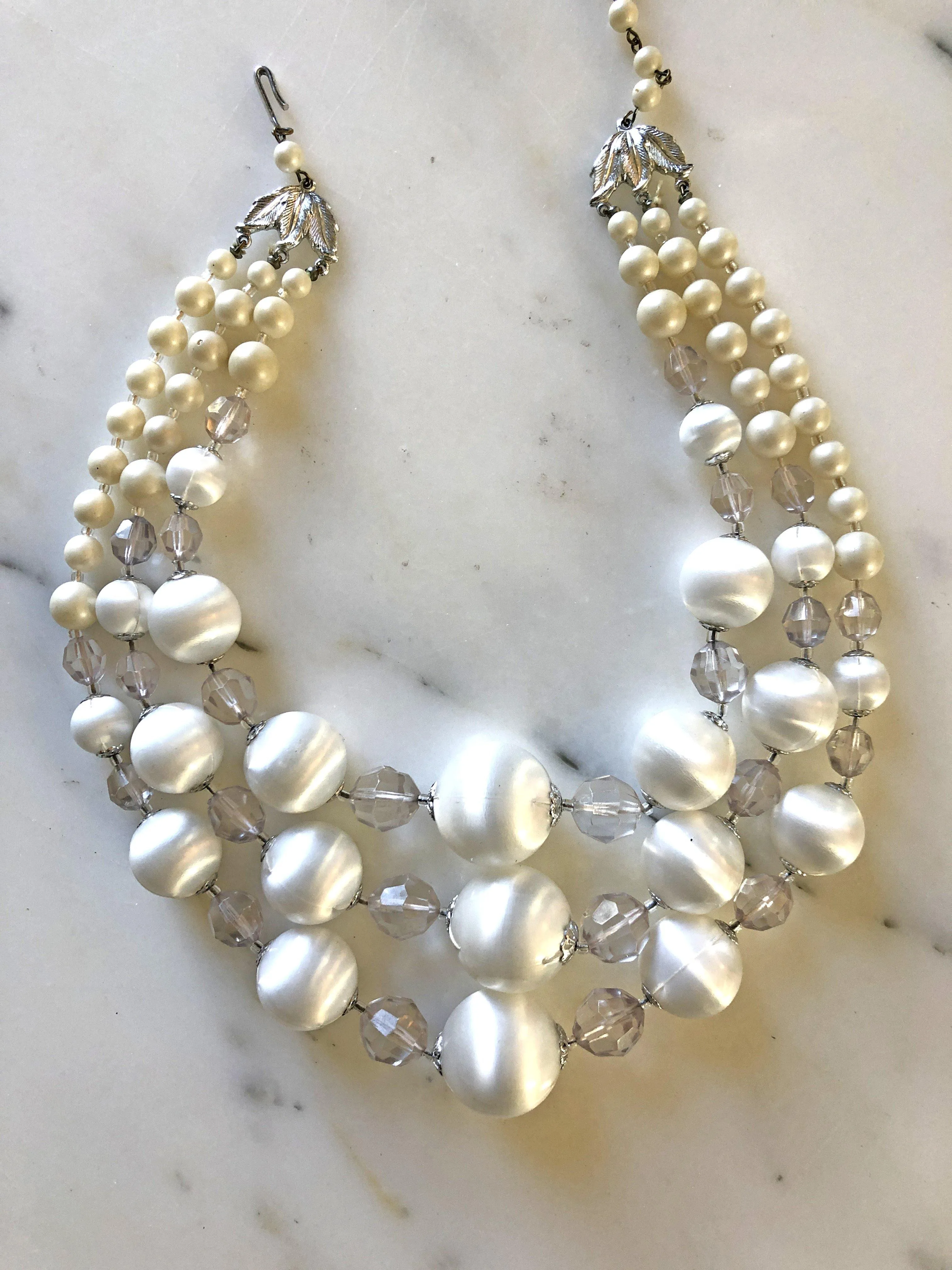 Vintage Pearl White Lucite Triple Strand Necklace