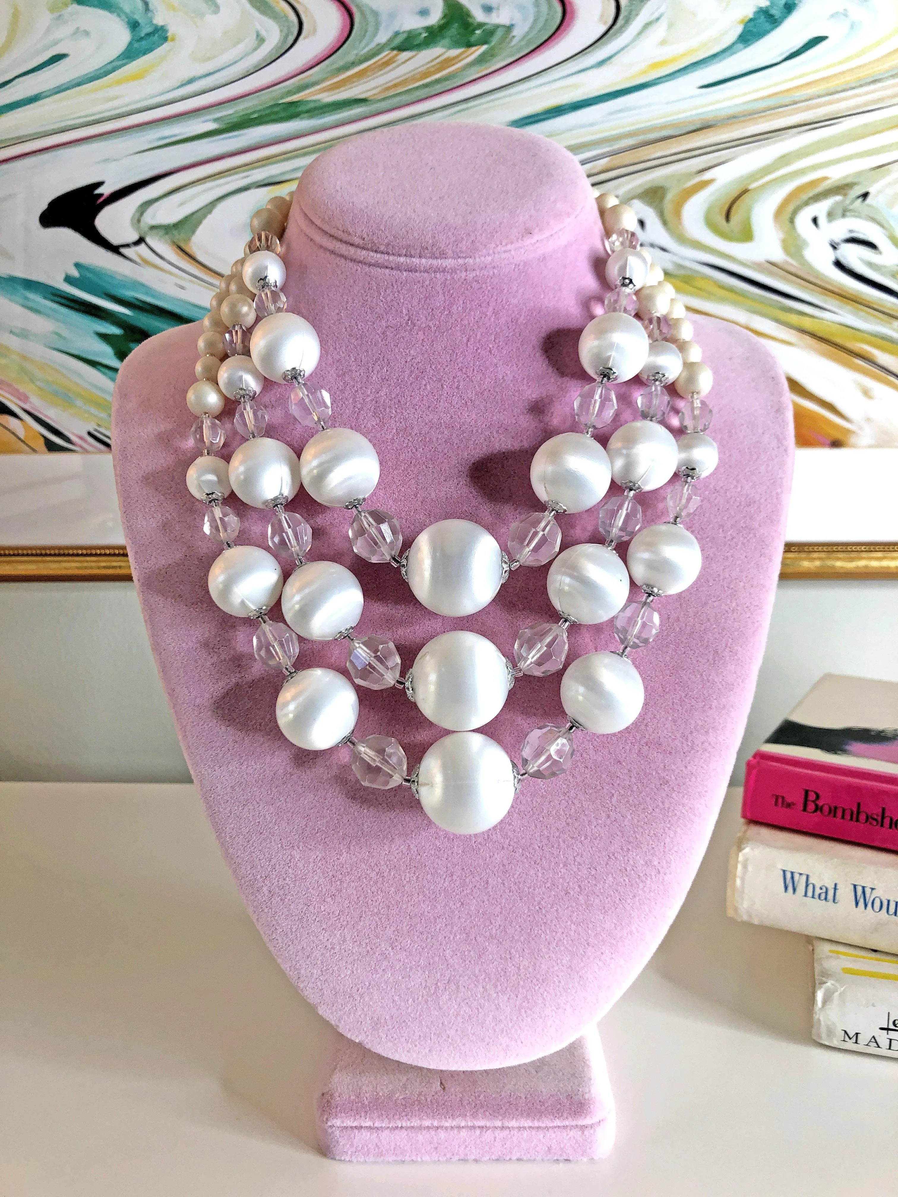 Vintage Pearl White Lucite Triple Strand Necklace