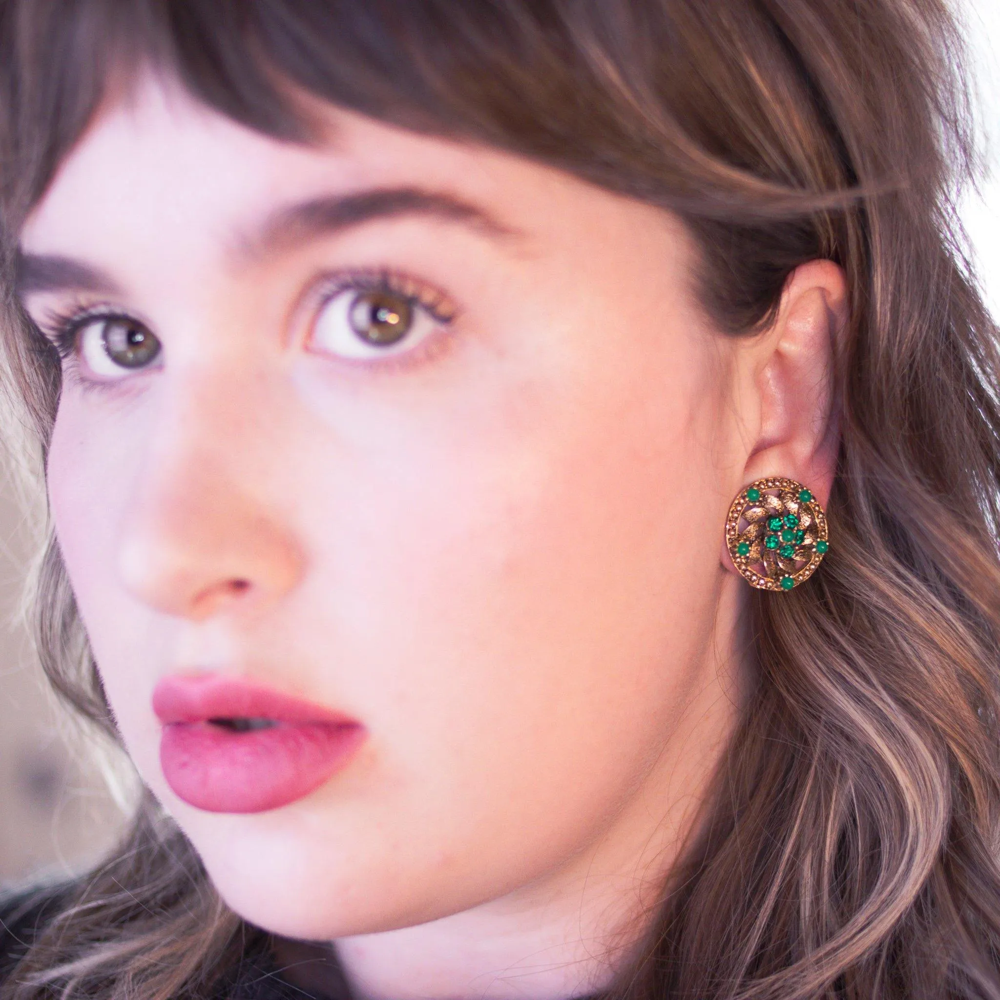 Vintage Round Flower Earrings With Jade Green Beads, Green Lucite Beads, Gold Tone Setting, Clip-on
