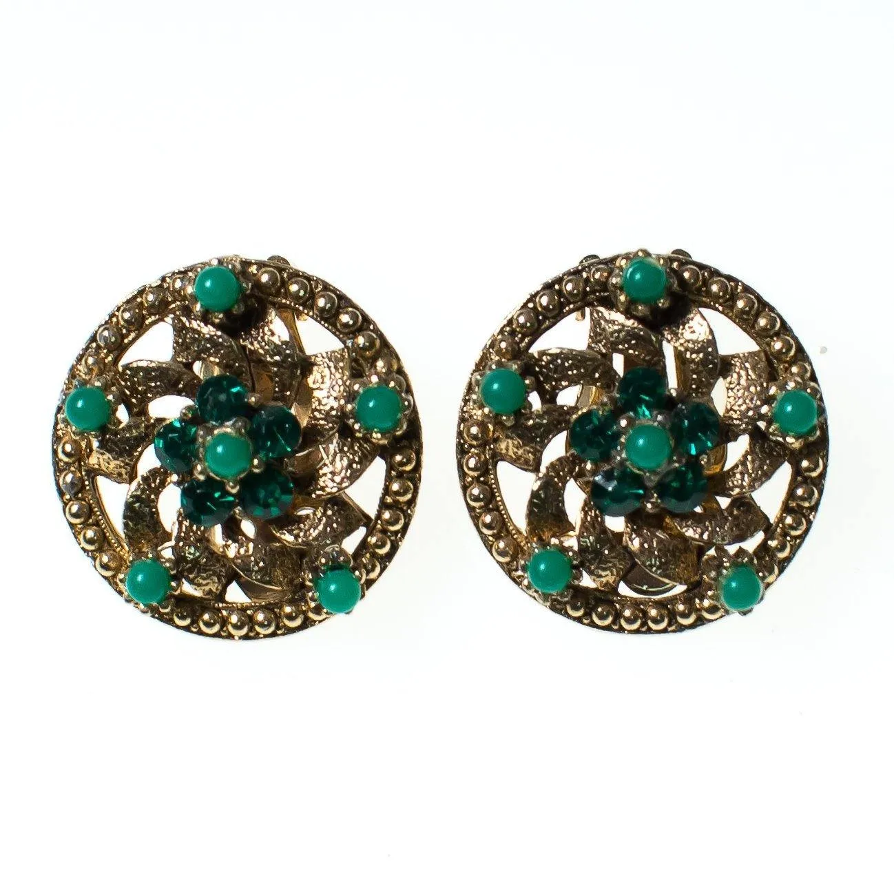 Vintage Round Flower Earrings With Jade Green Beads, Green Lucite Beads, Gold Tone Setting, Clip-on