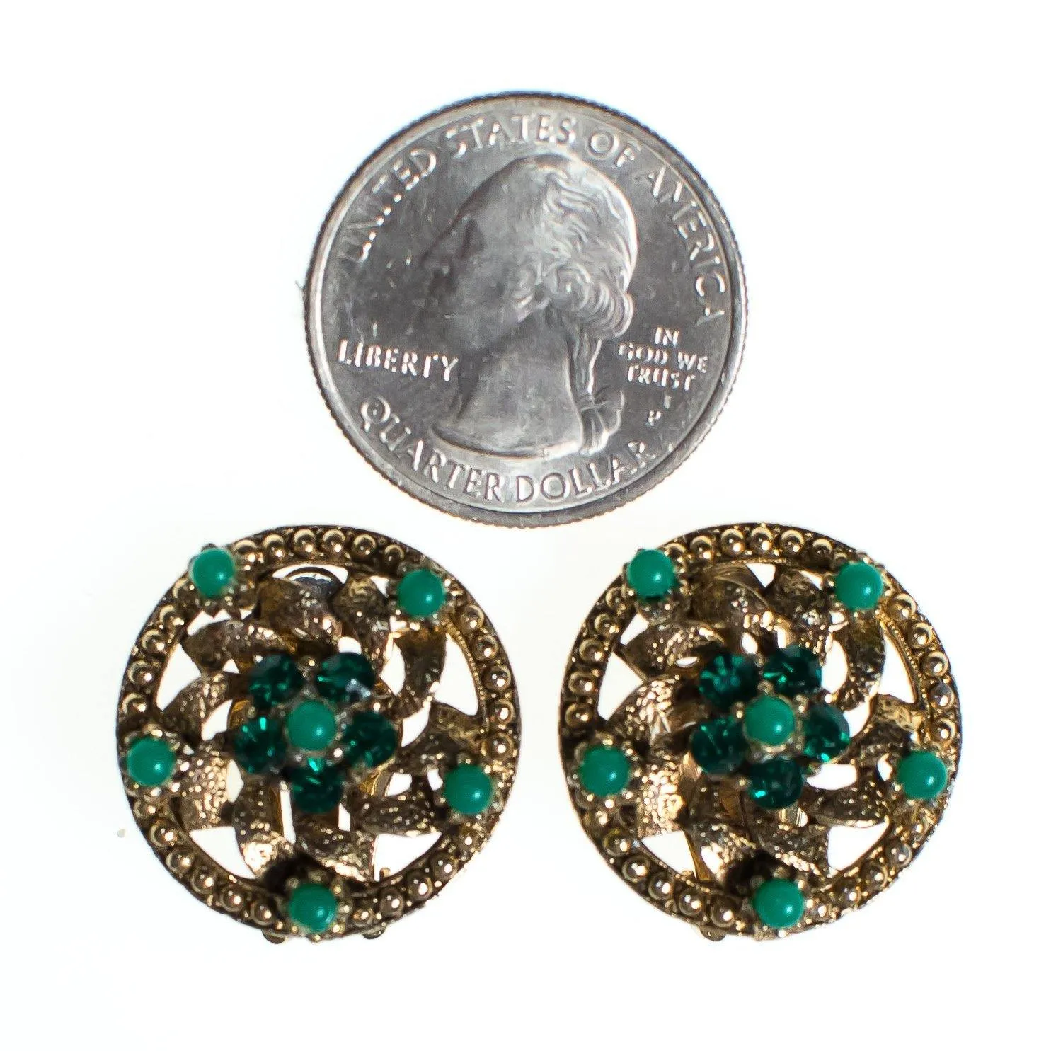 Vintage Round Flower Earrings With Jade Green Beads, Green Lucite Beads, Gold Tone Setting, Clip-on