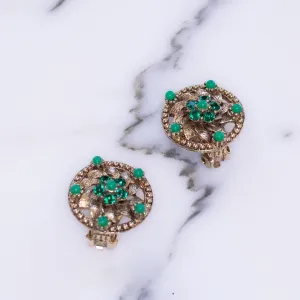 Vintage Round Flower Earrings With Jade Green Beads, Green Lucite Beads, Gold Tone Setting, Clip-on
