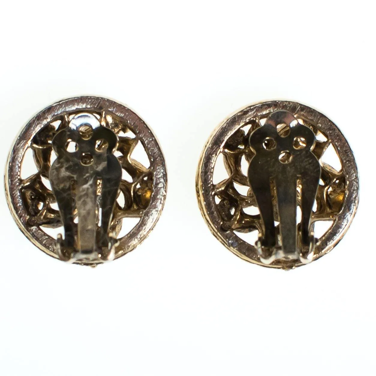 Vintage Round Flower Earrings With Jade Green Beads, Green Lucite Beads, Gold Tone Setting, Clip-on