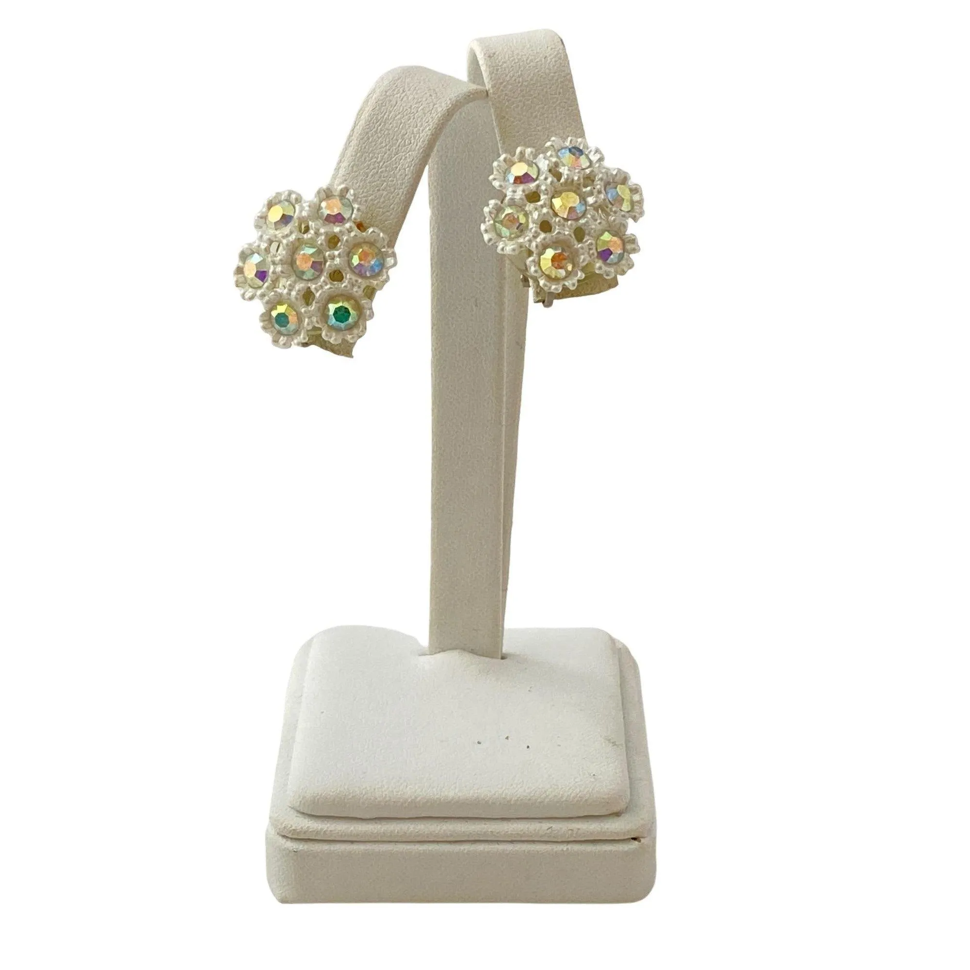 Vintage White Lucite and Aurora Borealis Rhinestone Snowflake Earrings