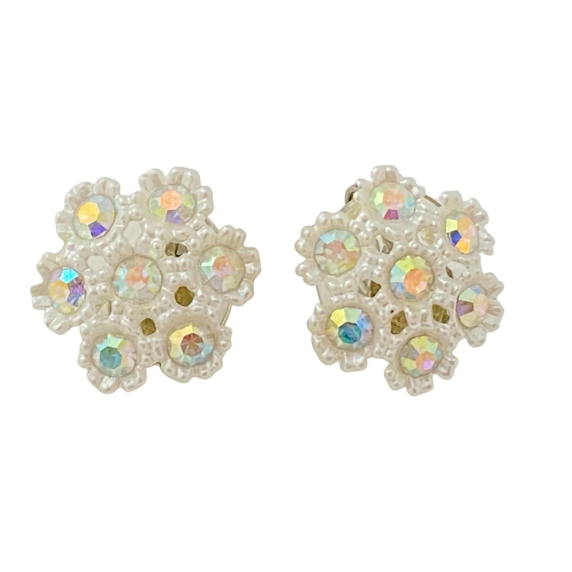 Vintage White Lucite and Aurora Borealis Rhinestone Snowflake Earrings