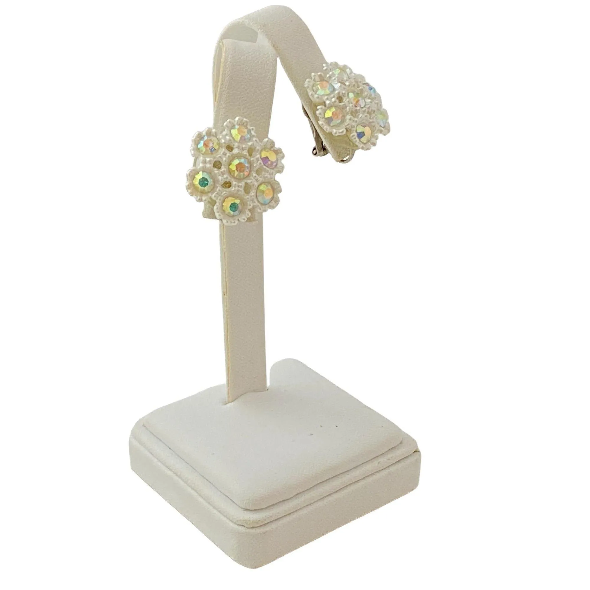 Vintage White Lucite and Aurora Borealis Rhinestone Snowflake Earrings