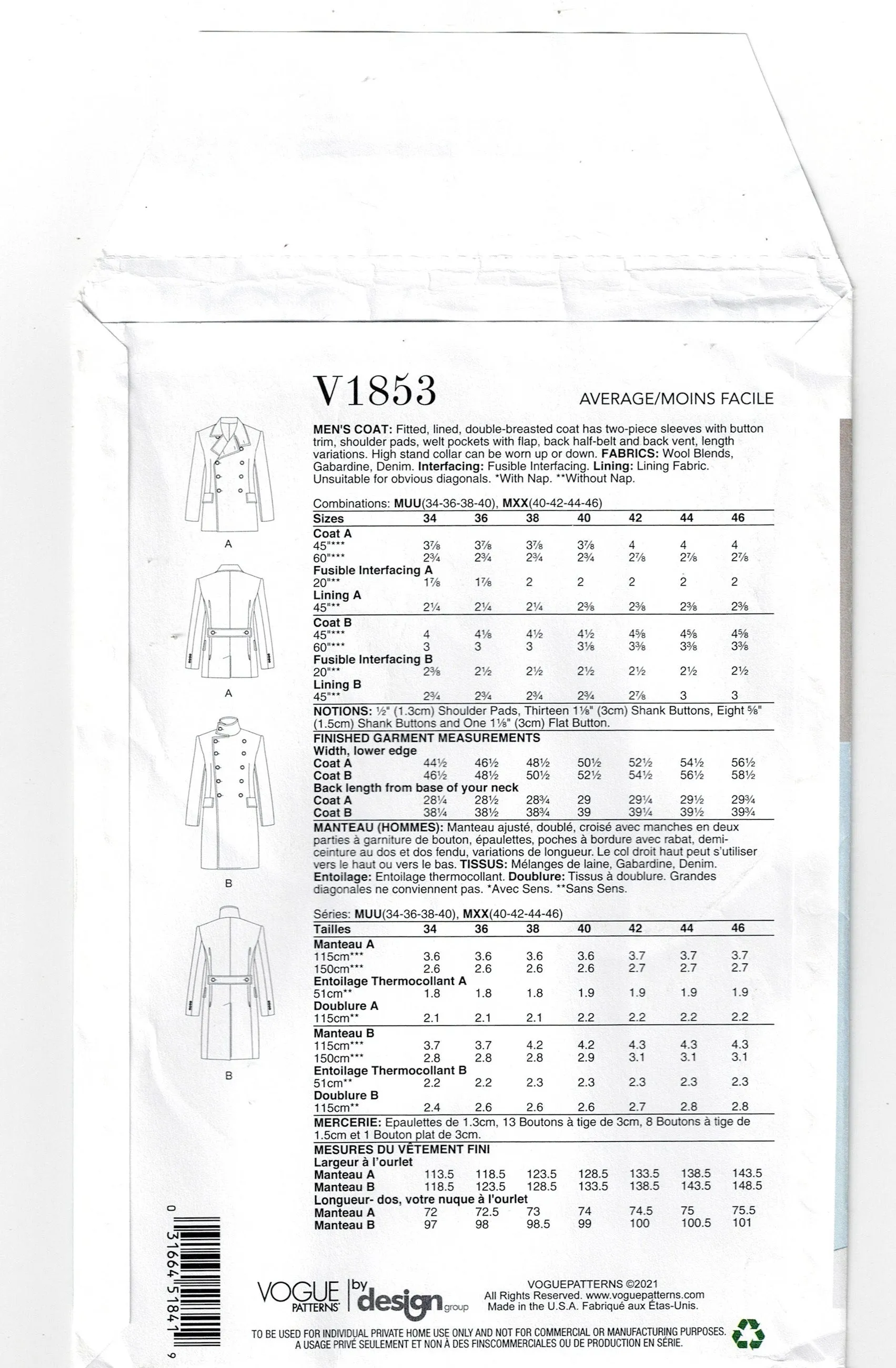Vogue 1853 Mens Double Breasted Coat Sewing Pattern Size 40 - 46 Inches UNCUT Factory Folded